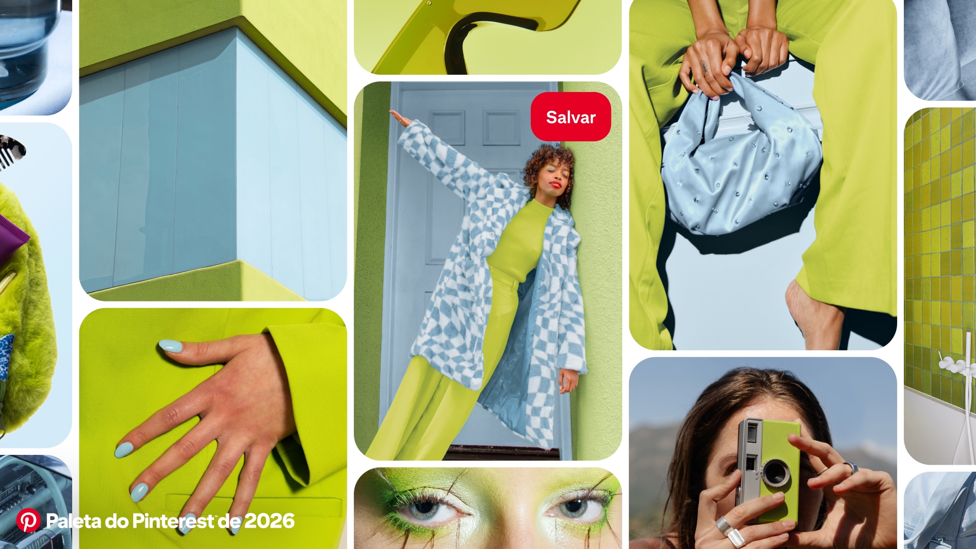 Uma colagem apresentando uma mulher em um conjunto verde-limão e casaco azul e branco, cercada por closes de moda, objetos e arquitetura em tons de verde-limão e azul glacial combinando. “Pinterest Palette 2026” aparece no canto inferior esquerdo.