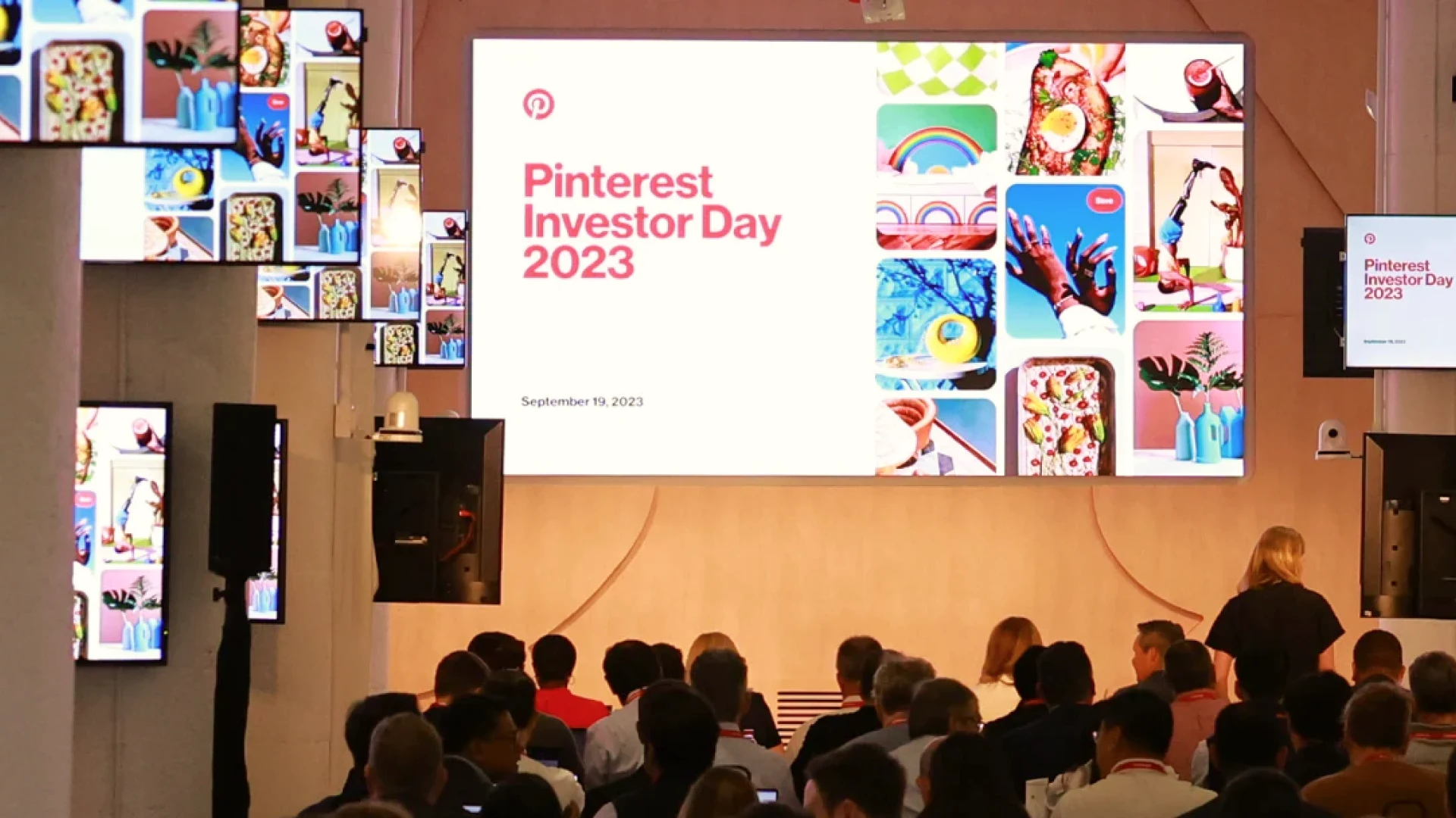 A crowd gathers at the Pinterest Investor Day stage