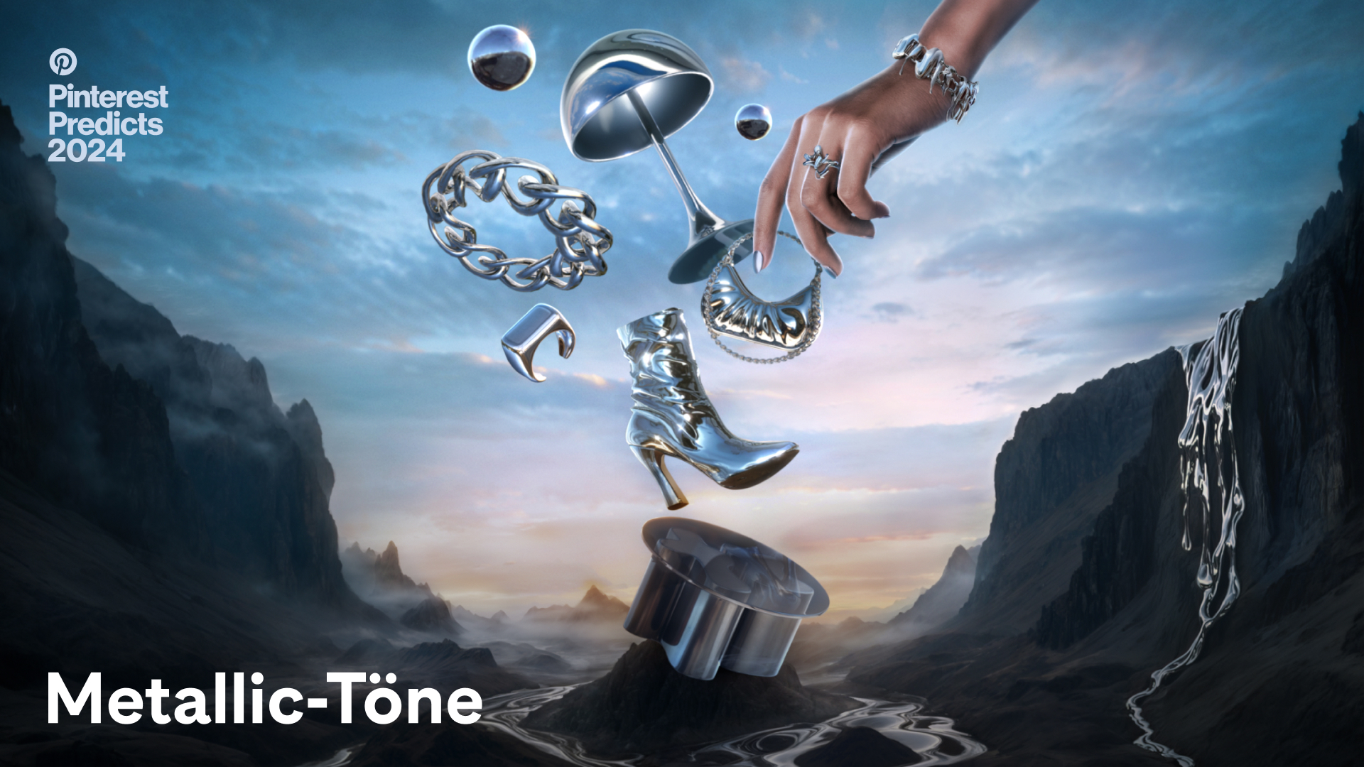 Ein Wasserfall und ein Fluss aus flüssigem Metall bilden die Kulisse für Metallgegenstände wie Stiefel, Ringe, Armbänder, Geldbörse, Kugeln, Tisch- und Schreibtischlampen