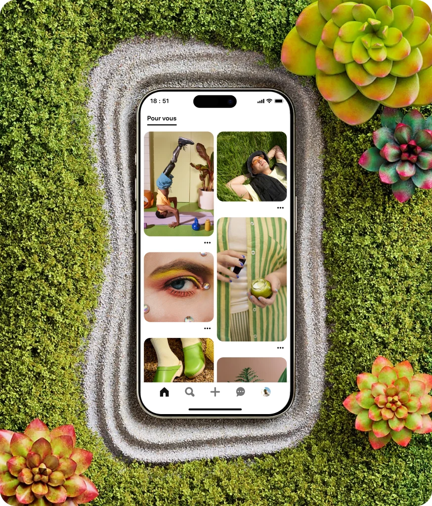 Smartphone posé dans un champ d’herbe et entouré de plantes succulentes colorées. L’écran du téléphone affiche l’application Pinterest.