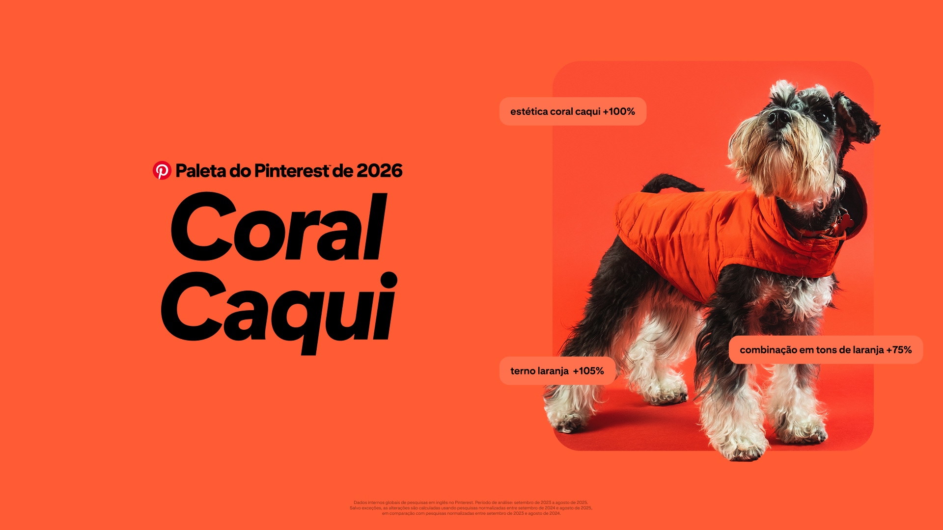 Um fundo laranja vibrante com um grande texto em preto dizendo “Paleta do Pinterest de 2026 Coral Caqui”. 