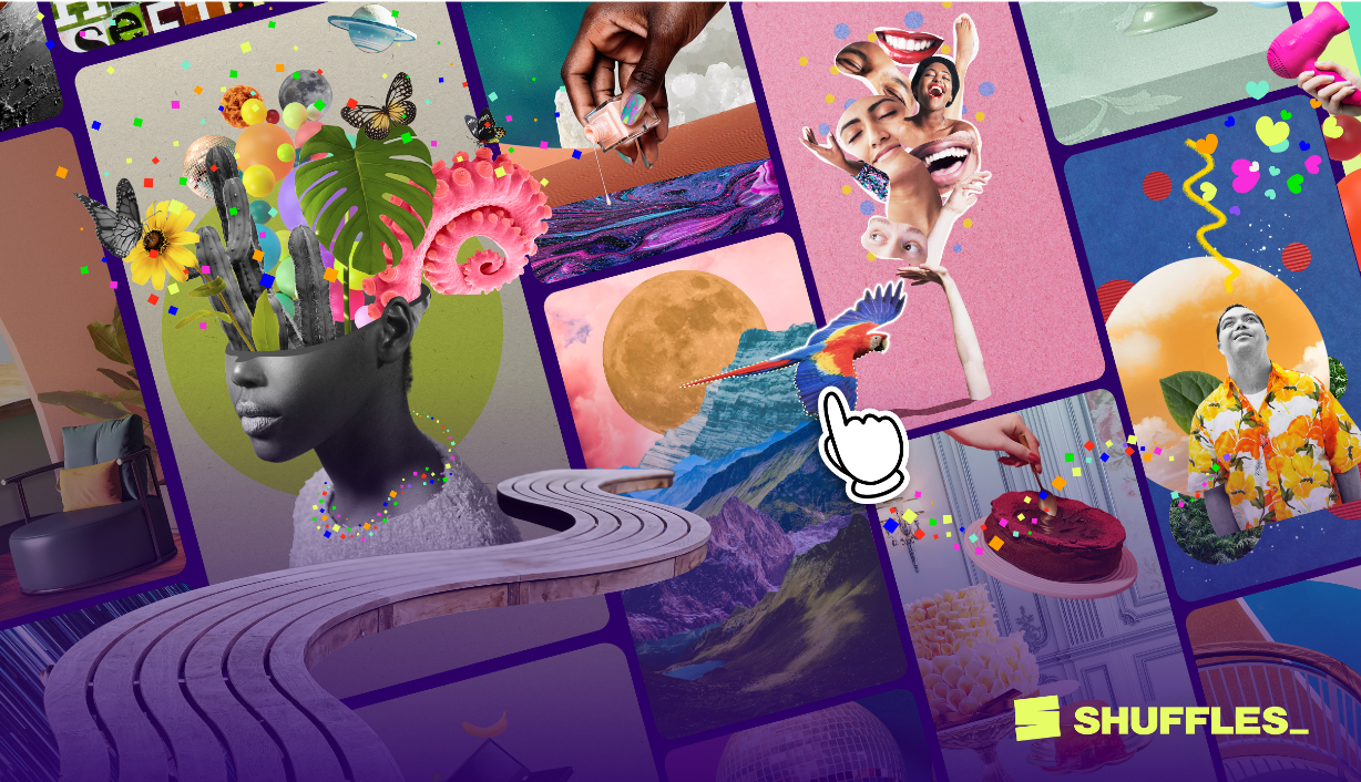 Cursor de computador sobre uma colagem com imagens coloridas