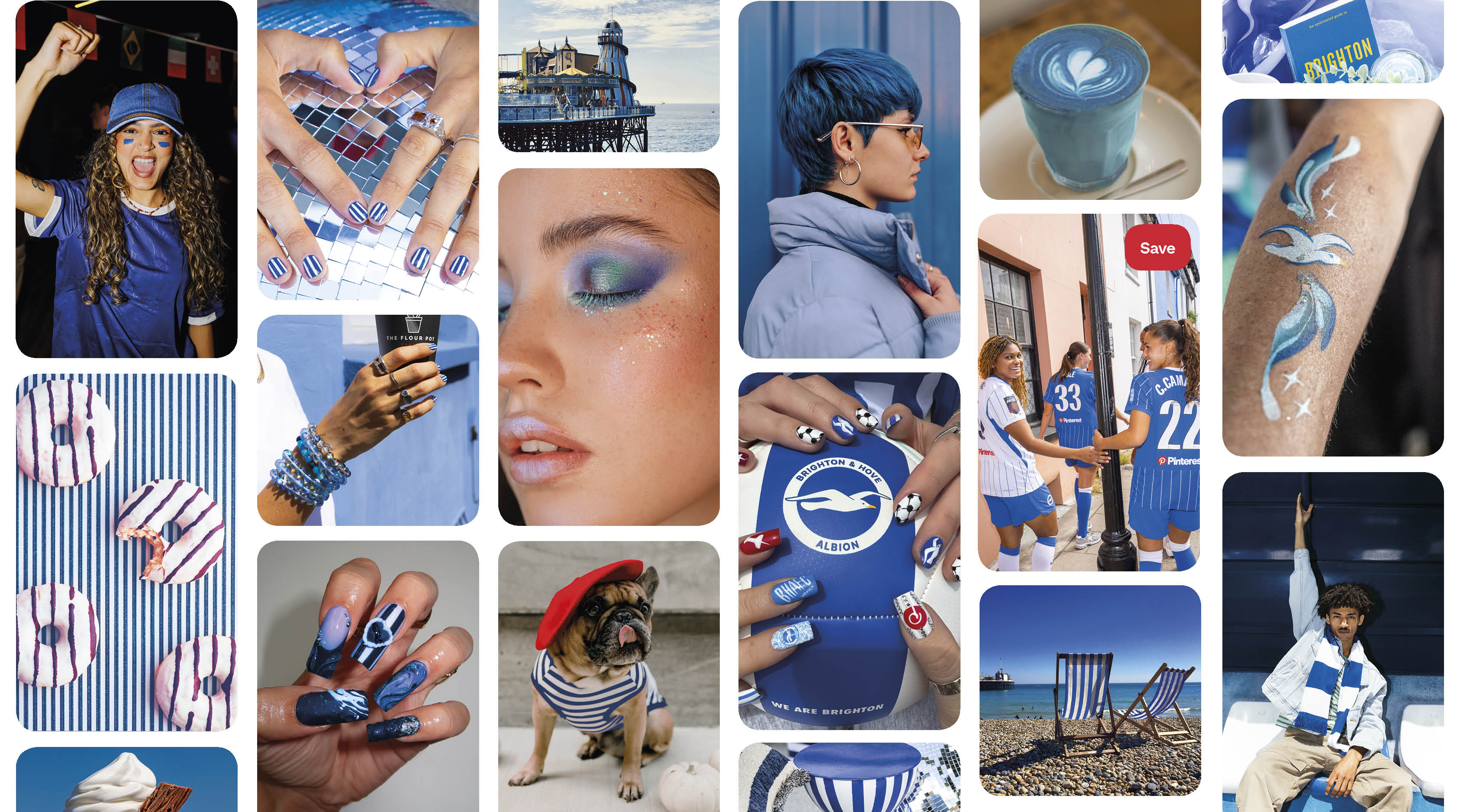 Grid of blue and white coloured lifestyle images including players wearing the football shirt with Pinterest logo on