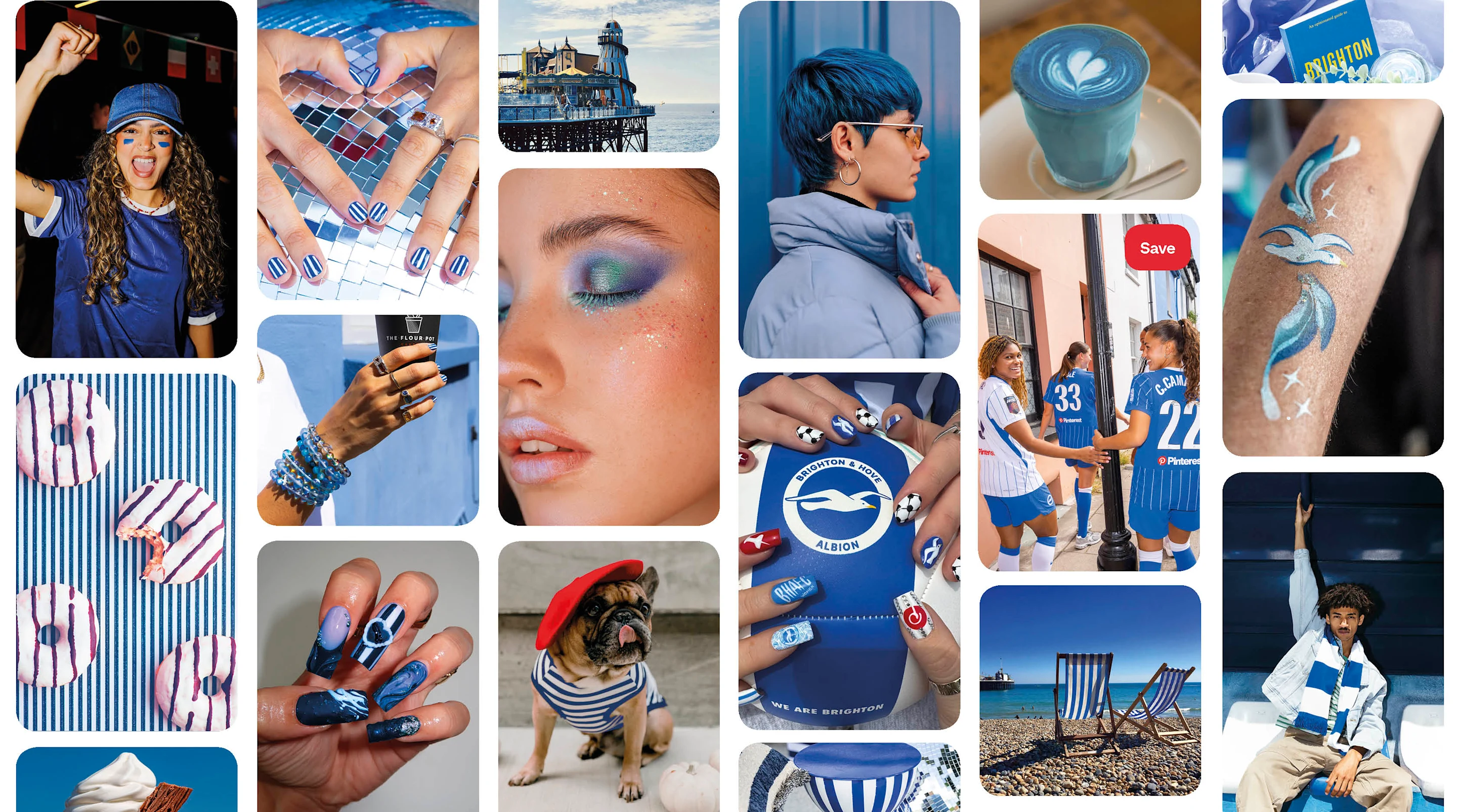 Grid of blue and white coloured lifestyle images including players wearing the football shirt with Pinterest logo on