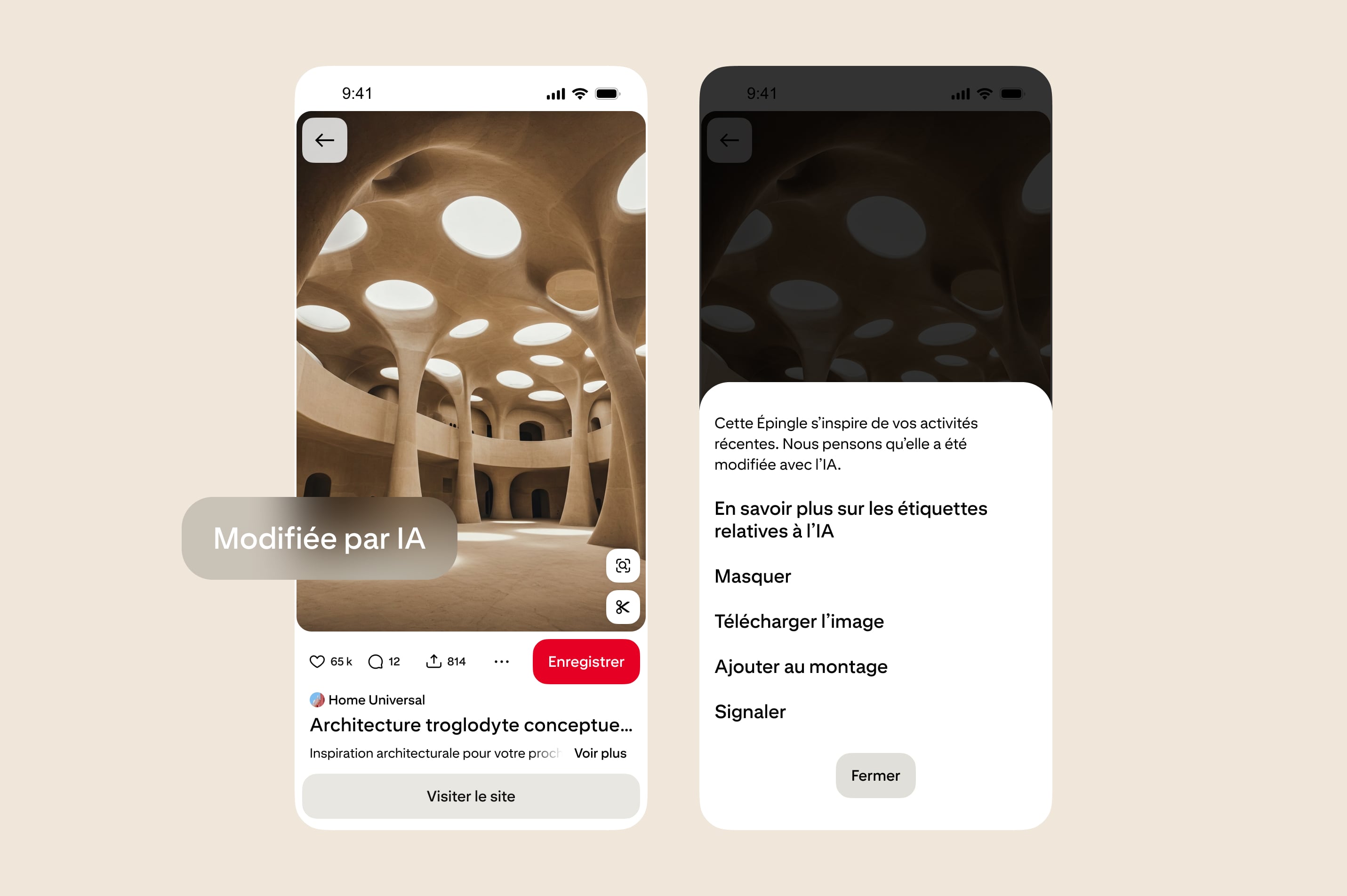 Une image conceptuelle d'architecture de grotte montre l'étiquette IA et les options pour en savoir plus sur les étiquettes IA, masquer, télécharger l'image ou l'ajouter à un collage.