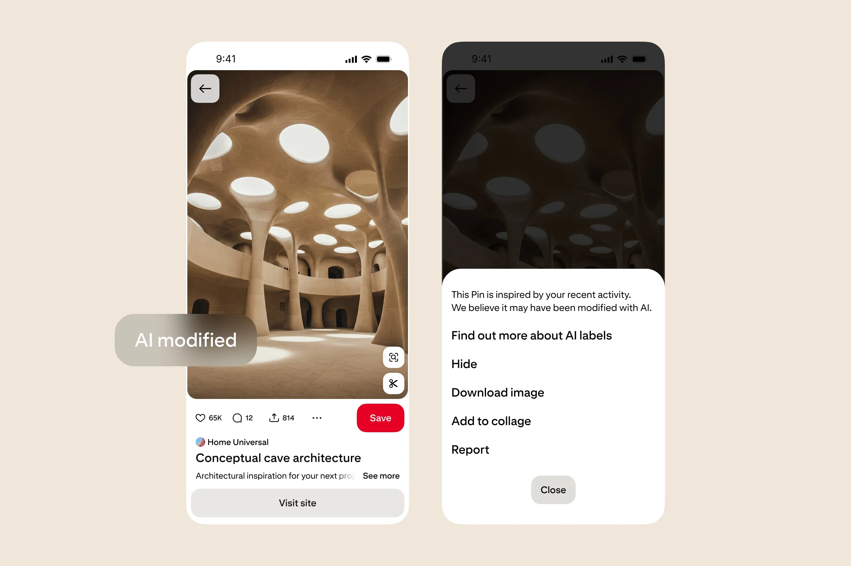 Pinterest rolls out tools to clean up AI slop from your feed 2 A conceptual cave architecture image shows the AI label and the options to learn more about AI labels, hide, download the image, or add to a collage.