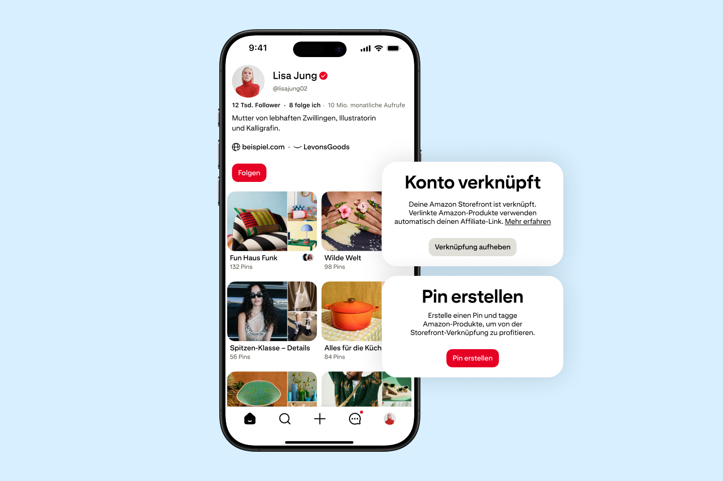 Mockup eines Pinterest-Profils mit einer Amazon Storefront, die mit dem Konto von Creator*innen verknüpft ist, sowie einer Bestätigungsabfrage und einer Aufforderung zum Erstellen eines Pins.