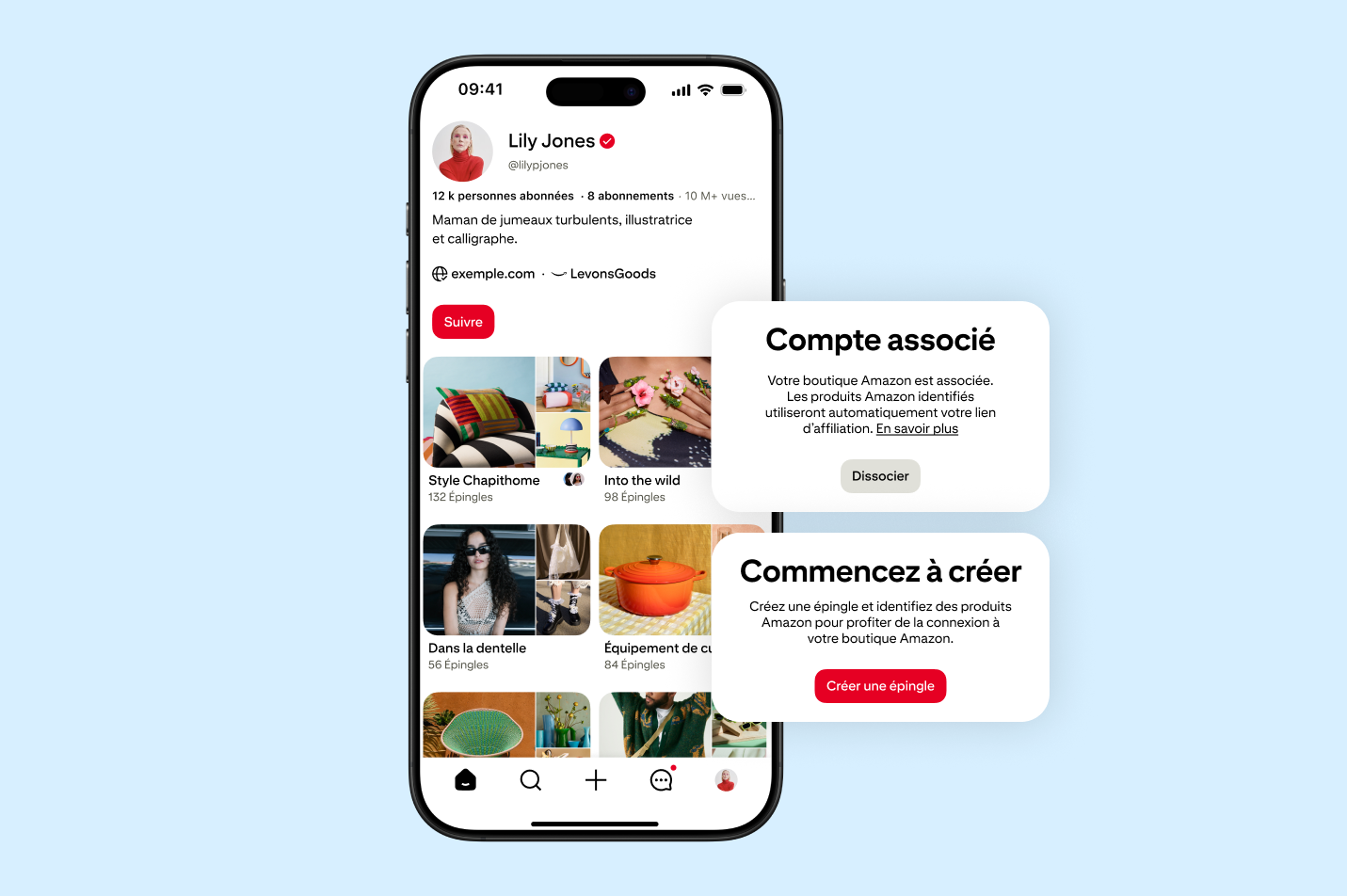 Maquette de profil Pinterest montrant une boutique Amazon associée à un compte de créateur, avec un message de confirmation et une invitation à créer une épingle.