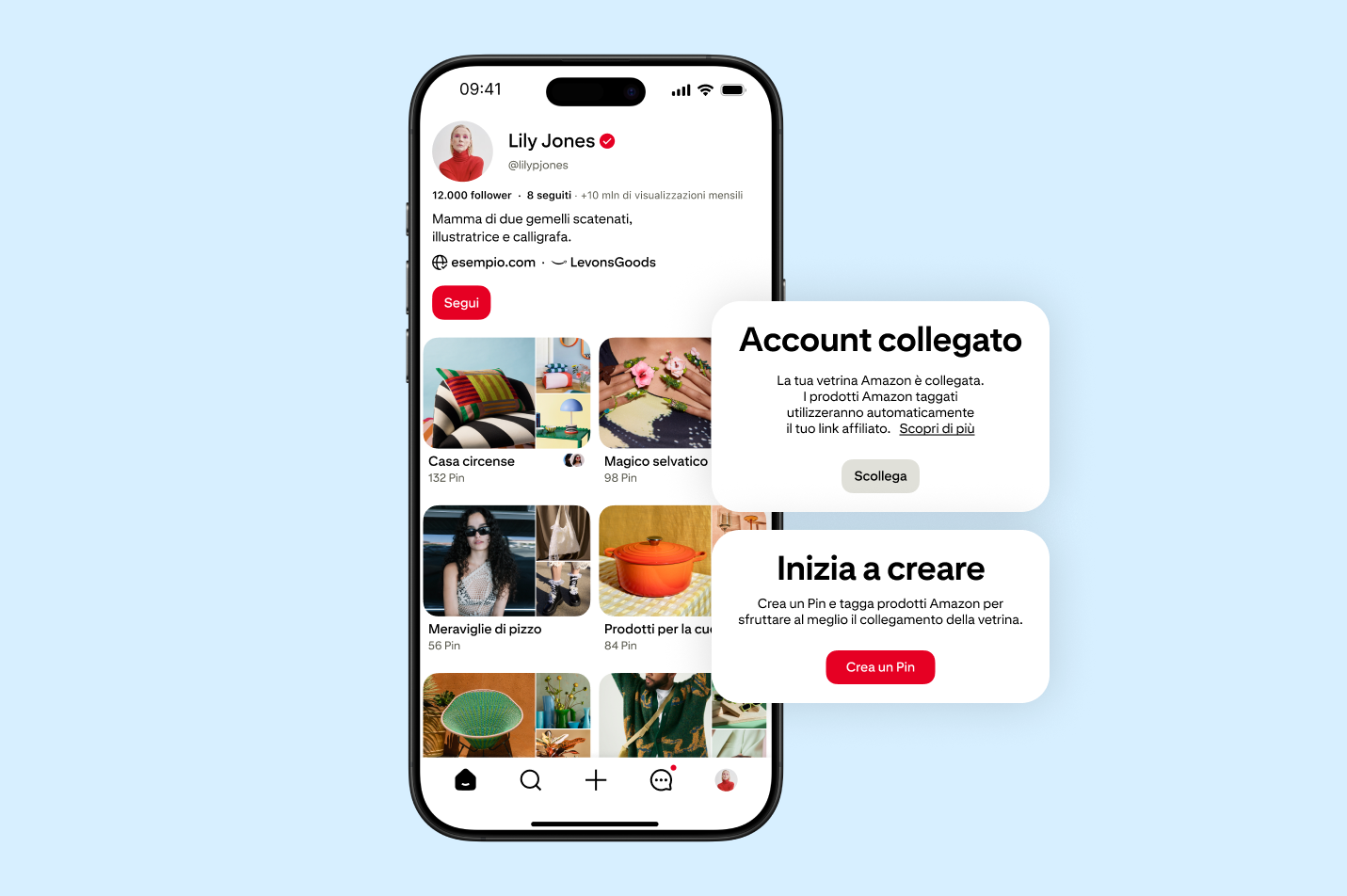 Mockup di un profilo Pinterest che mostra un Amazon Storefront collegato all'account di un creator, con un prompt di conferma e un prompt per la creazione di un Pin.