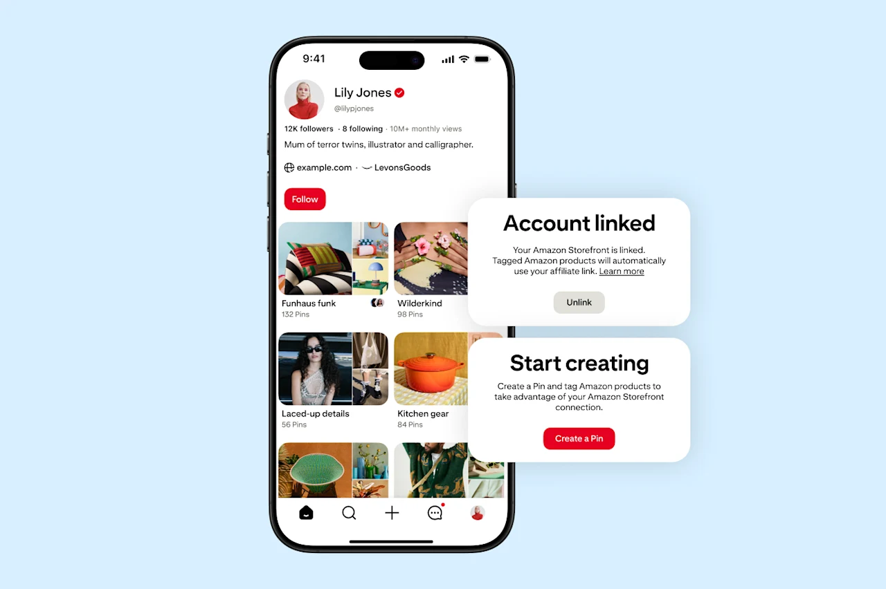 Pinterest profile mock-up showing an Amazon Storefront linked to a creator account, with a confirmation prompt and an option to create a Pin.