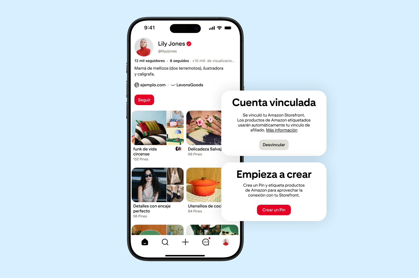 Maqueta de perfil de Pinterest que muestra un Amazon Storefront vinculado a una cuenta de creador, con un mensaje de confirmación y otro para crear un Pin.