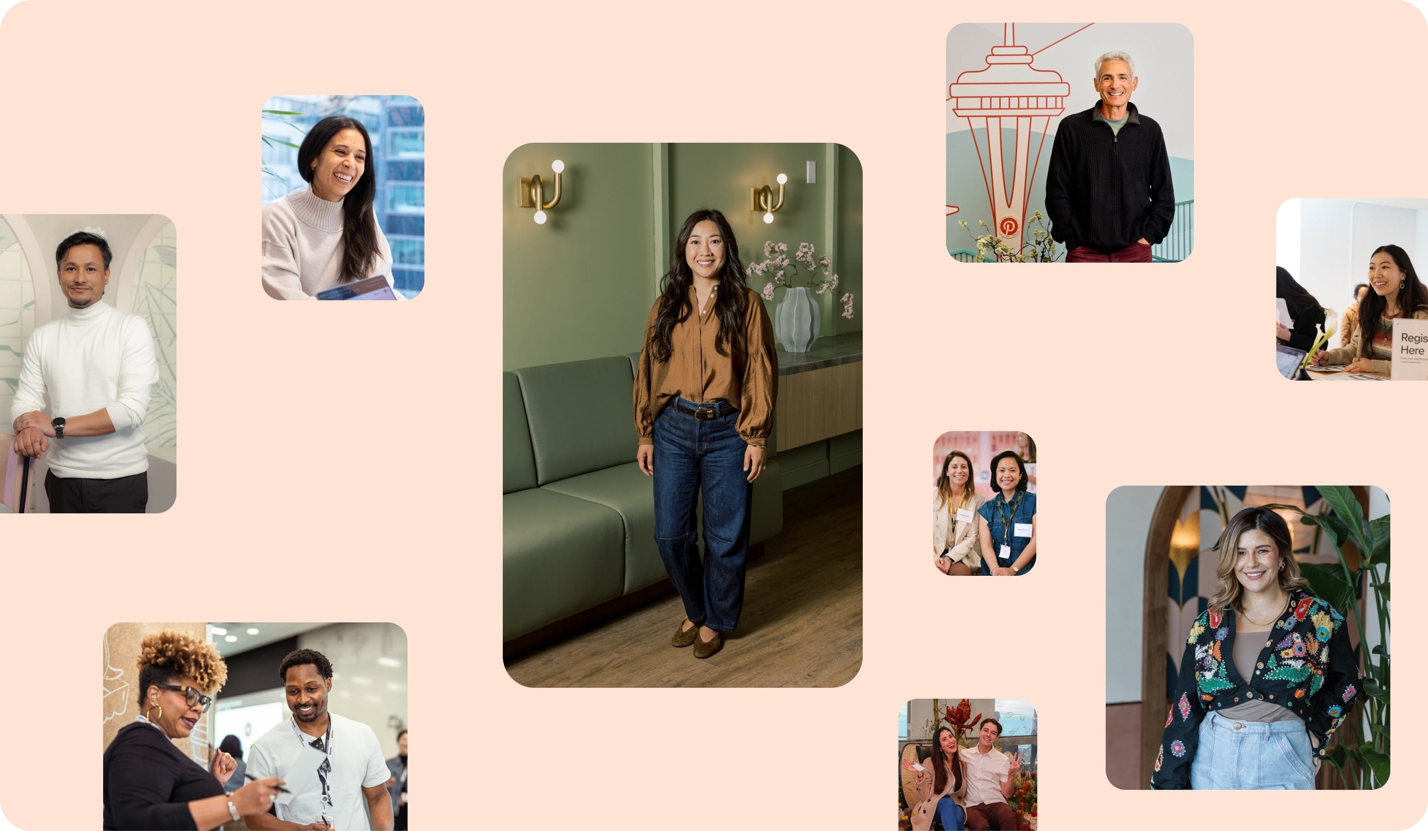 A photo collage of Pinterest employees from diverse teams smiling and connecting across different office spaces against a tan background. 