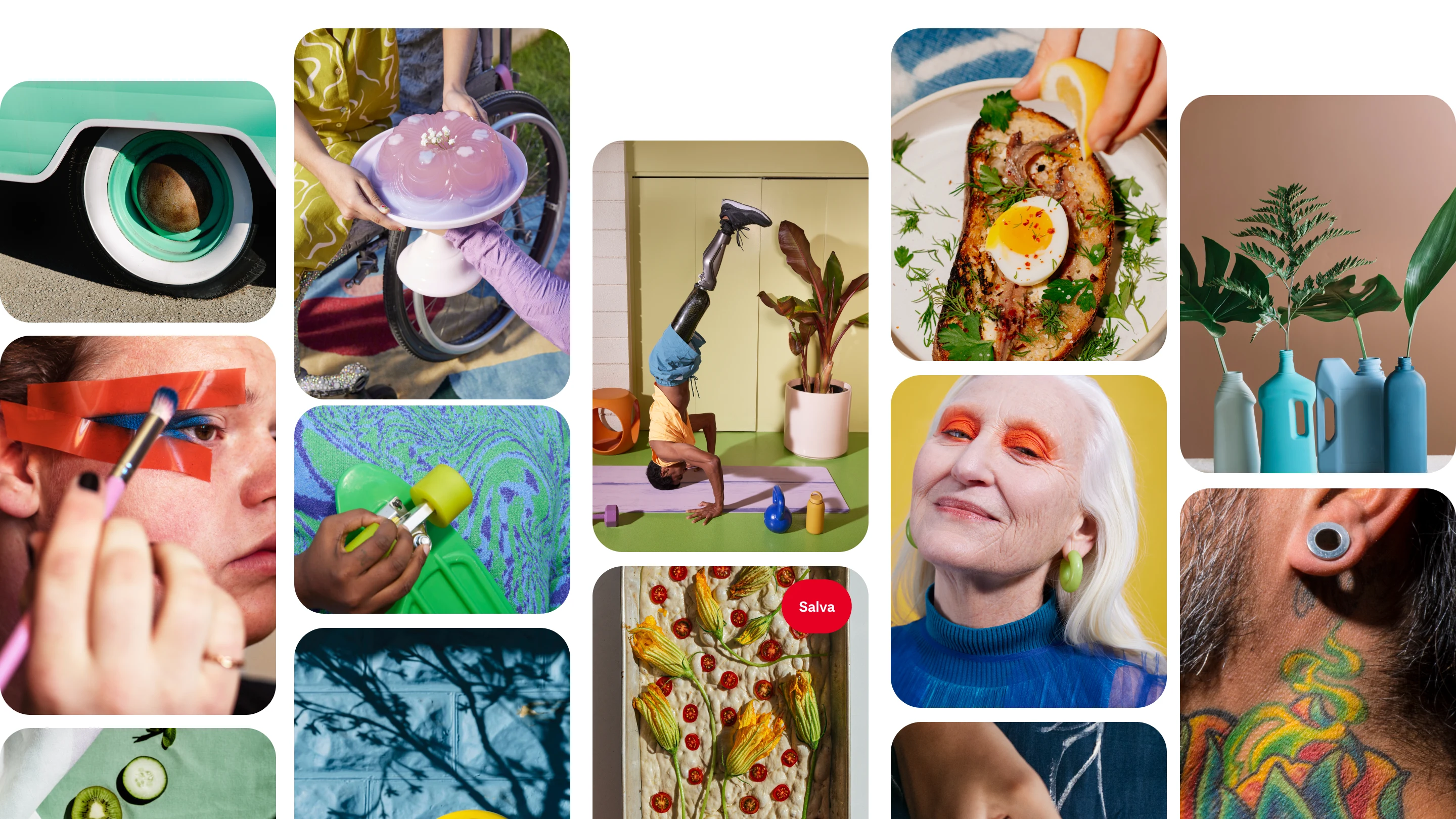 Un collage di Pin su Pinterest con immagini di trucchi colorati, pose di yoga e idee per ricette.