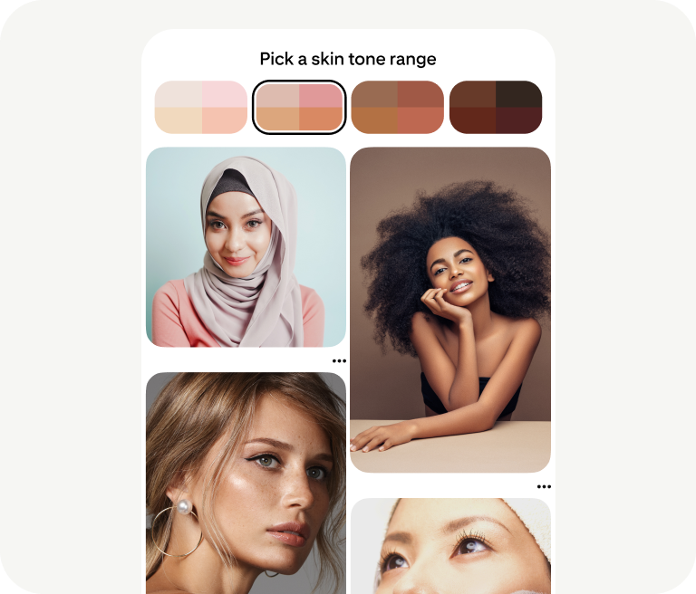 A tool prompts people to choose a skin tone range, and has photos of women with different skin tones.