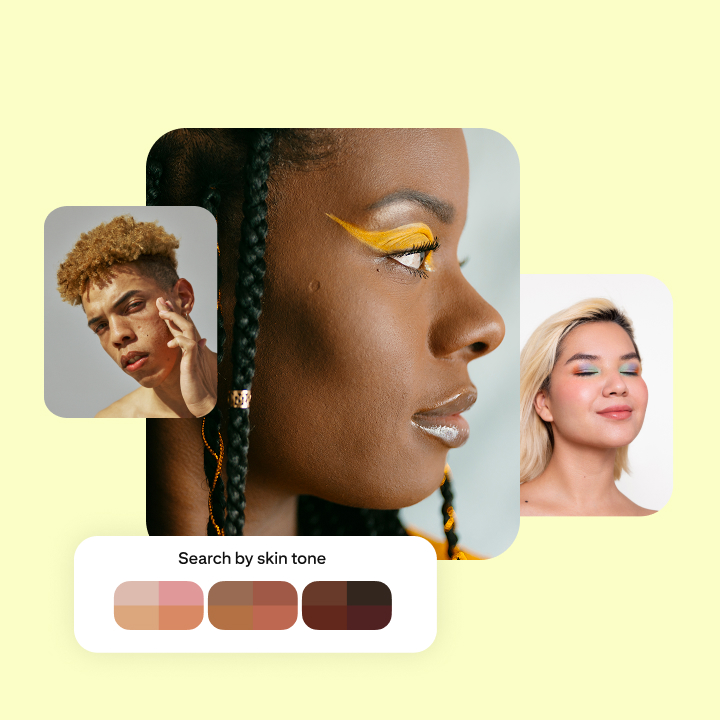 Three close-up portraits of people with different complexions and an overlaid “Search by skin tone” option with a range of skin tone swatches.