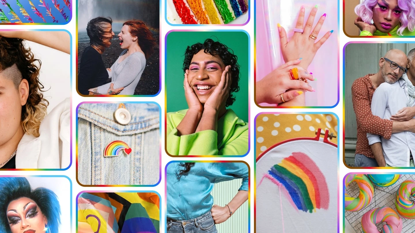 Rainbow Pride-inspired images are arranged in a grid of Pinterest Pins, each outlined with rainbow colors