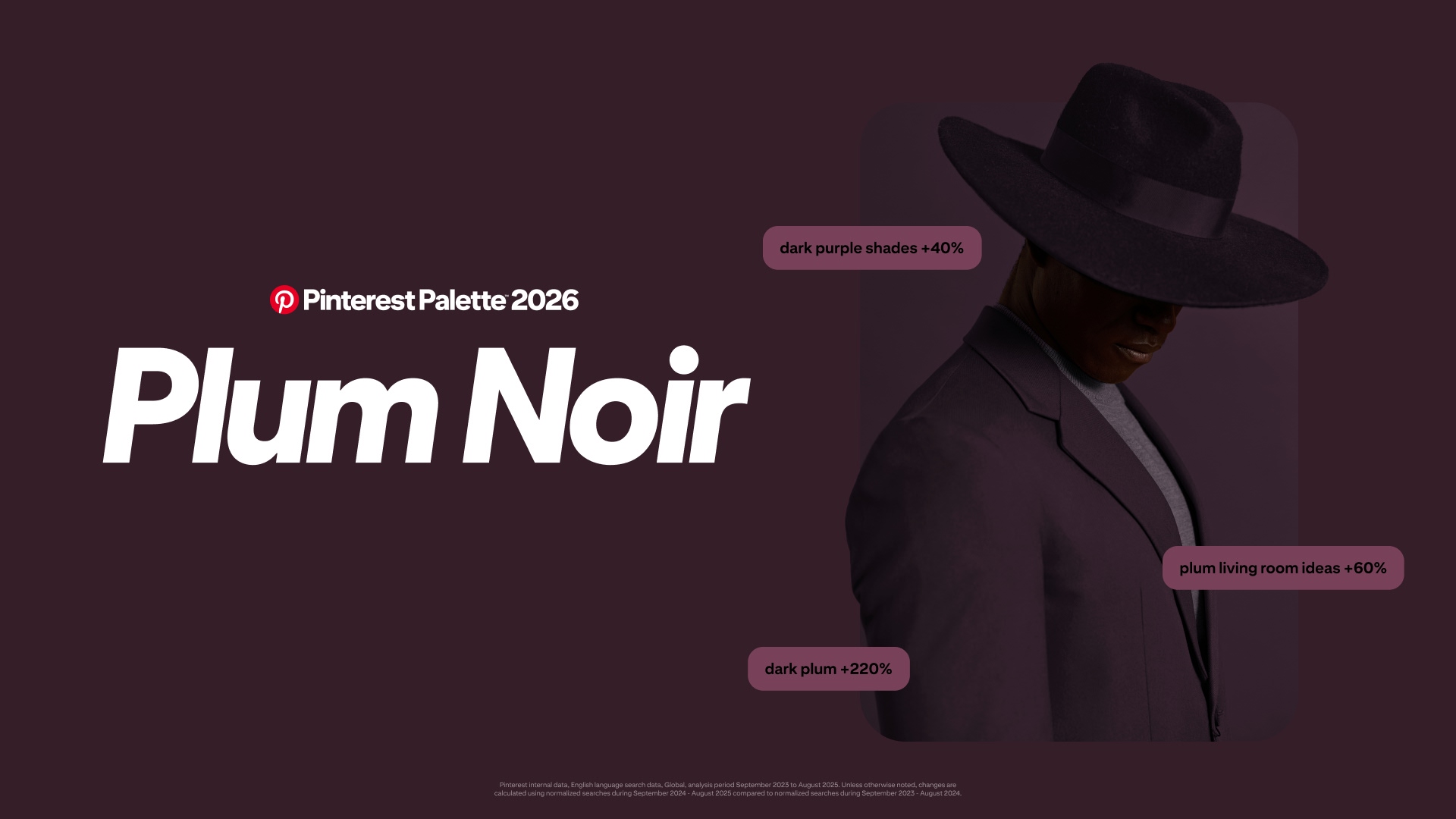 A deep plum‑colored background with large white text reading “Pinterest Palette 2026 Plum Noir.” On the right, a person dressed in a dark plum suit and wide‑brimmed hat looks downward, partly in shadow. 