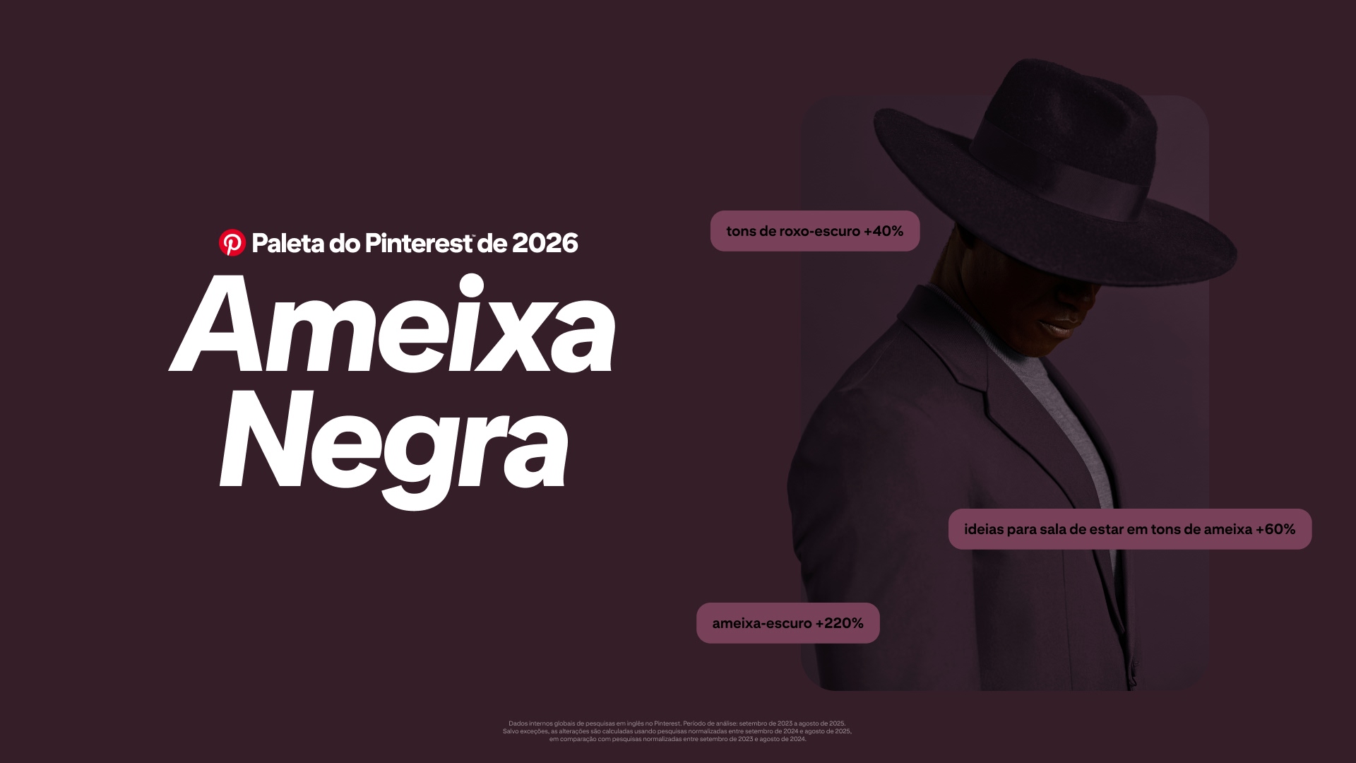 Um fundo em tom ameixa profundo com um grande texto em branco dizendo “Paleta do Pinterest de 2026 Ameixa Negra”. À direita, uma pessoa vestindo um terno ameixa escuro e um chapéu de aba larga olha para baixo, parcialmente na sombra. 