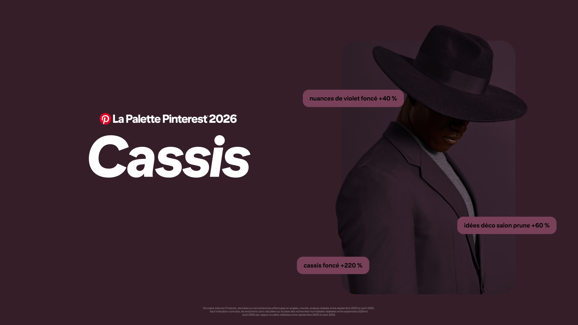 Un fond couleur cassis profond avec un grand texte blanc indiquant « La Palette Pinterest 2026 Cassis ». À droite, une personne portant un costume cassis foncé et un chapeau à larges bords regarde vers le bas, partiellement dans l’ombre. 