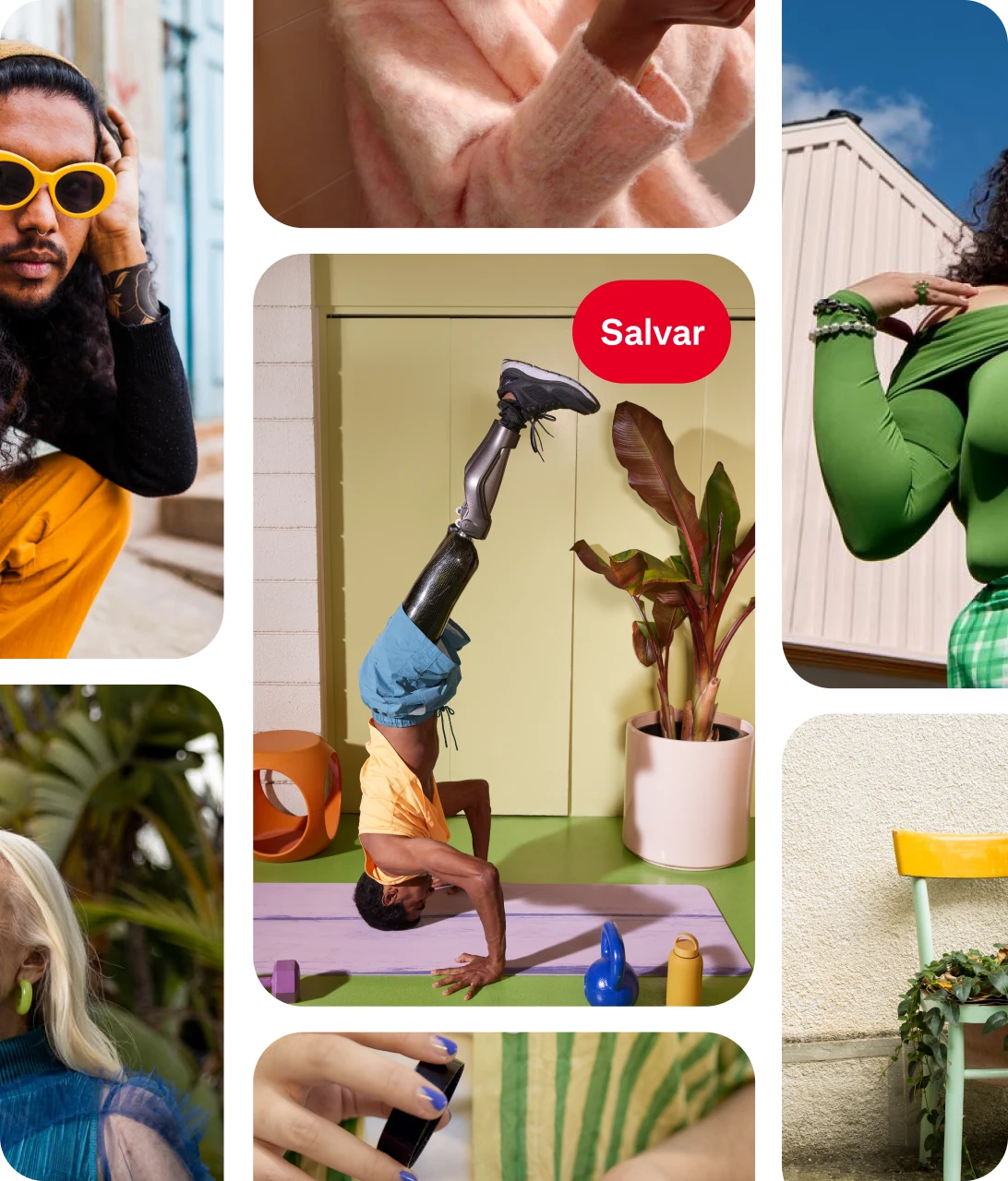 Uma grade de Pins do Pinterest mostra pessoas vivendo a vida de forma criativa