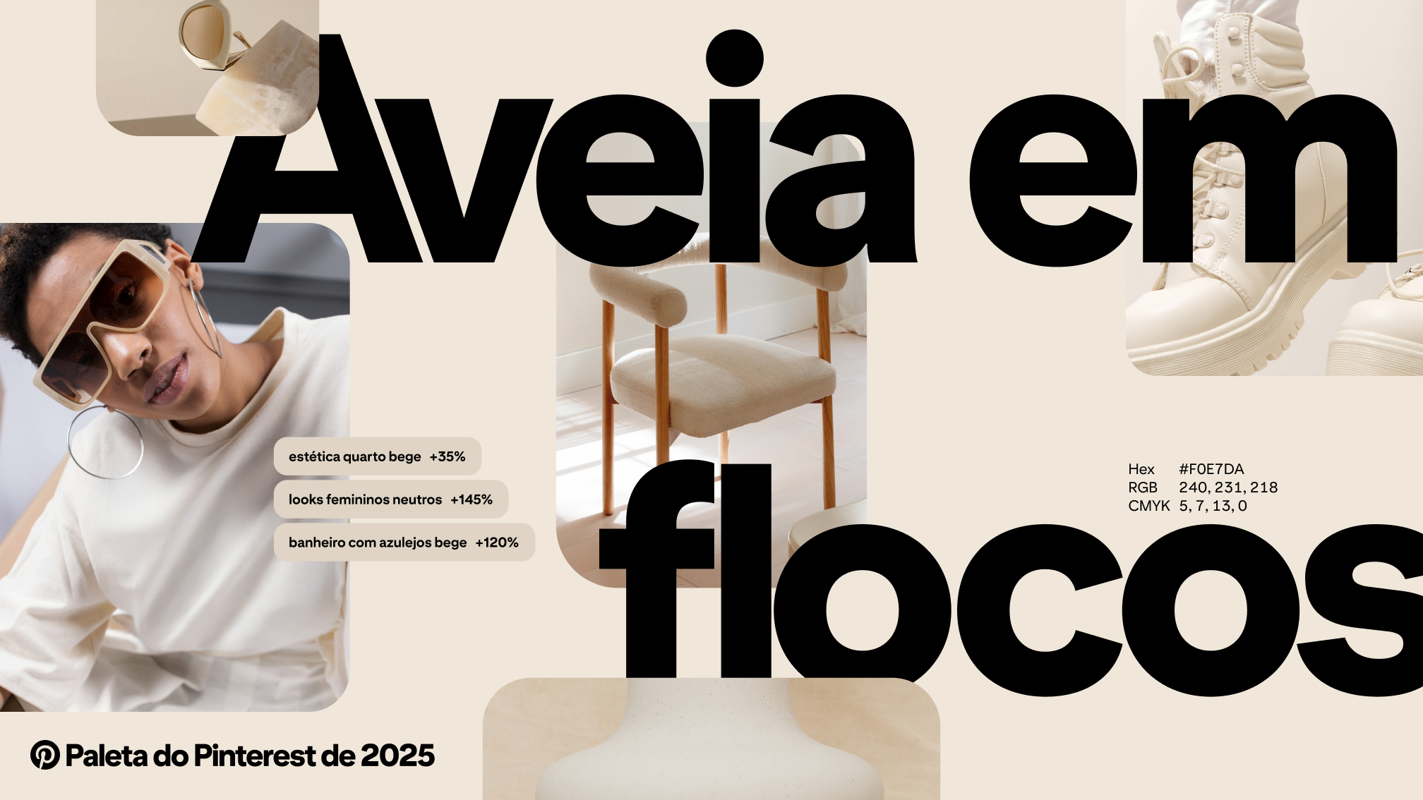 As palavras "aveia em flocos" sobre um conjunto de imagens e pesquisas do Pinterest em bege