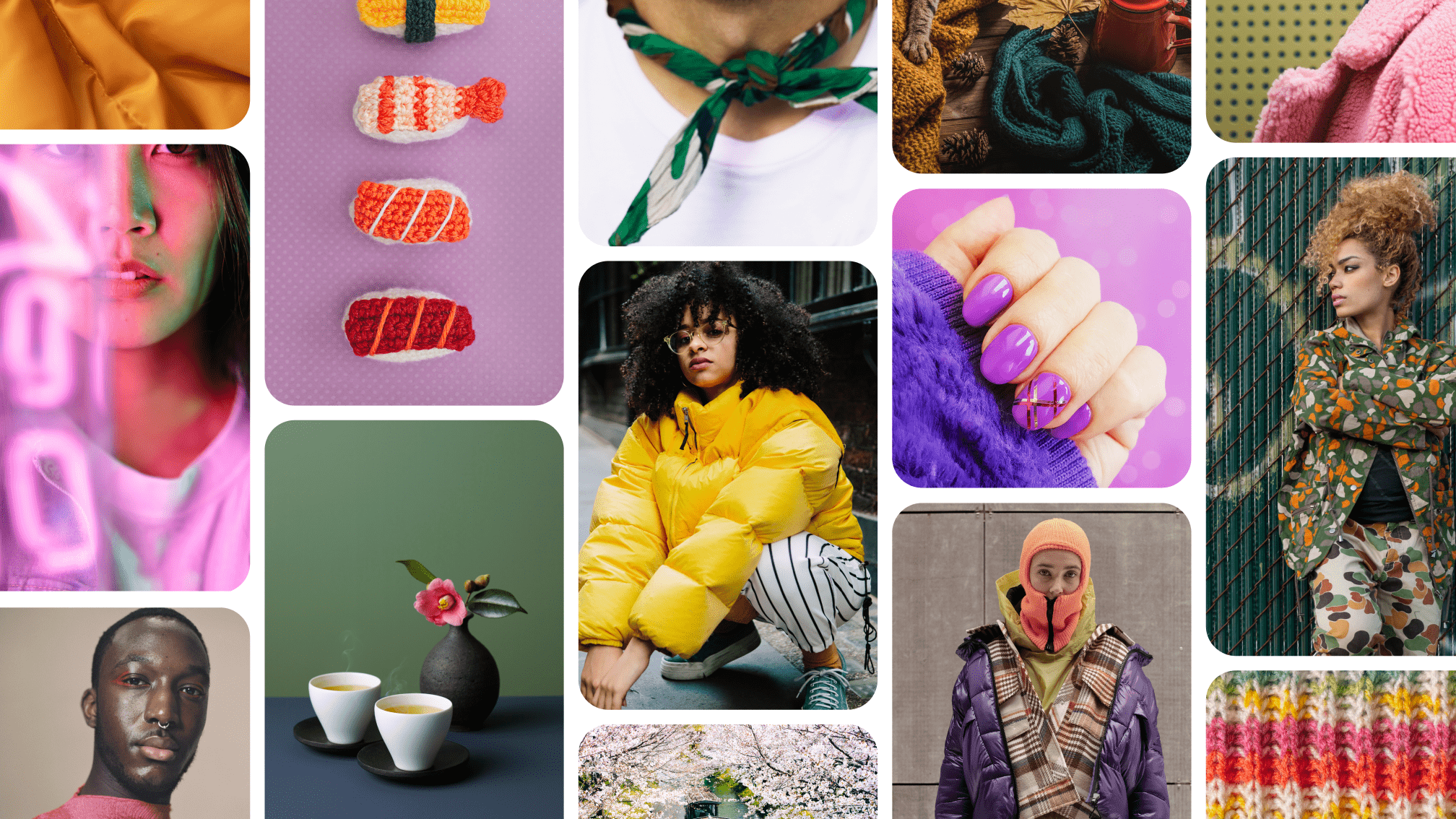 A grid of Pinterest pins depict colorful nails, Japanese food, and fall fashion