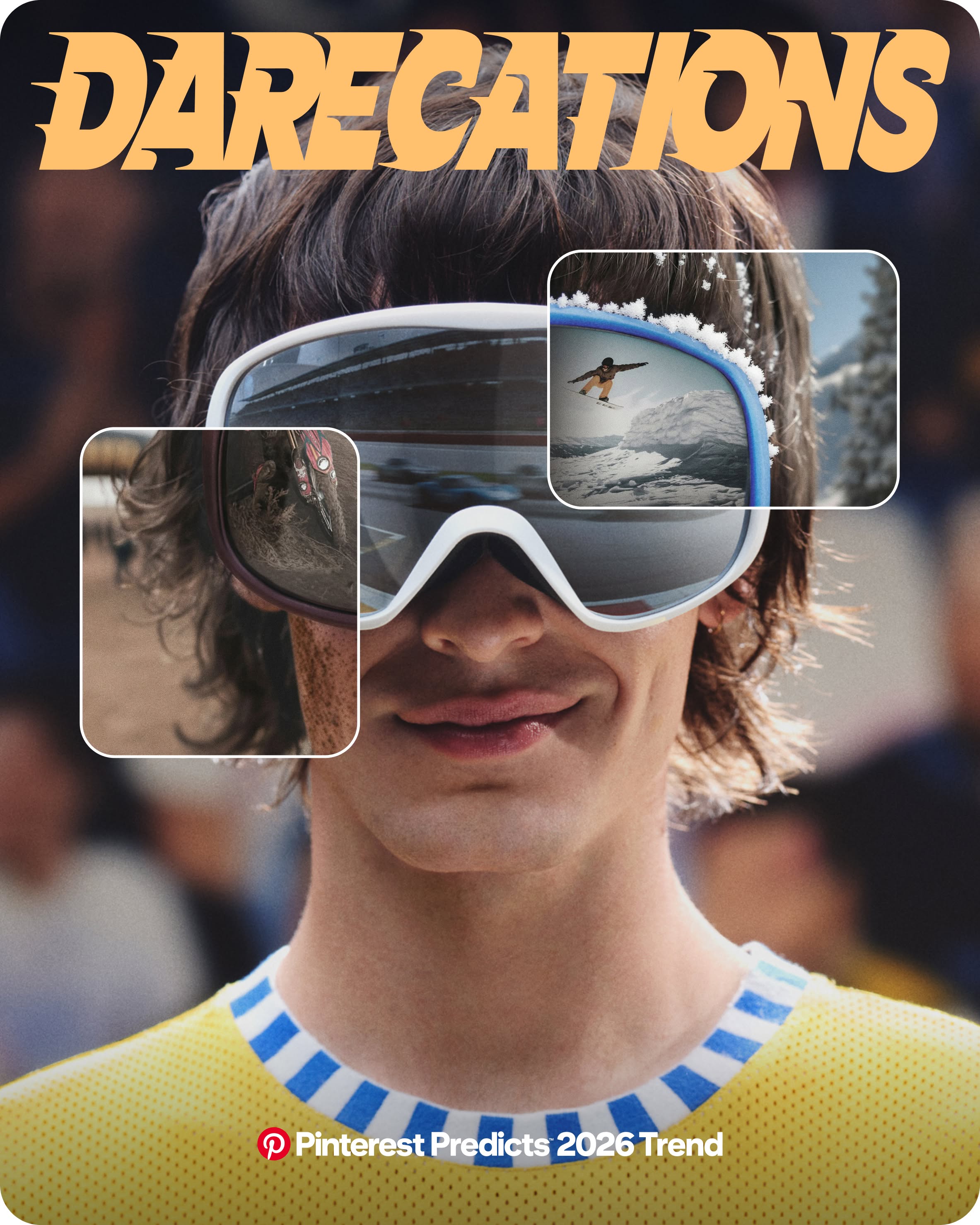 Close-up of a man in a yellow shirt and goggles reflecting a view of cars on a racetrack.