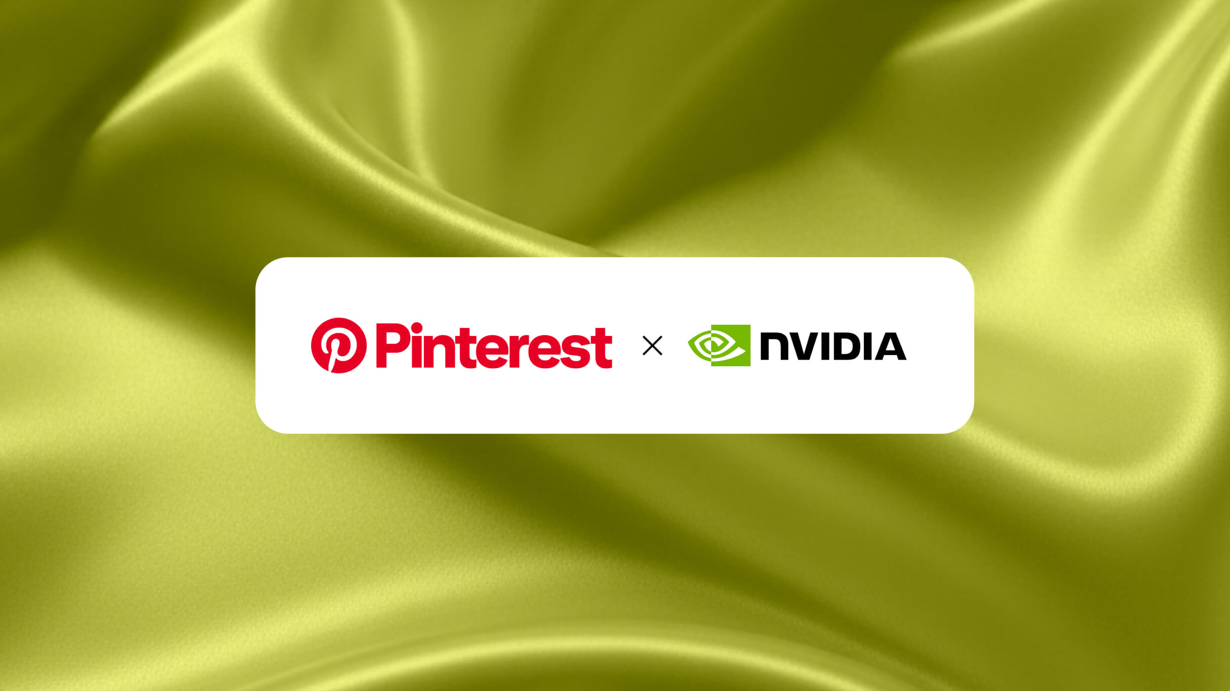 A white rectangular banner showing the red Pinterest logo and the green NVIDIA logo separated by a multiplication sign, centered on a draped, wavy olive green silk fabric background.