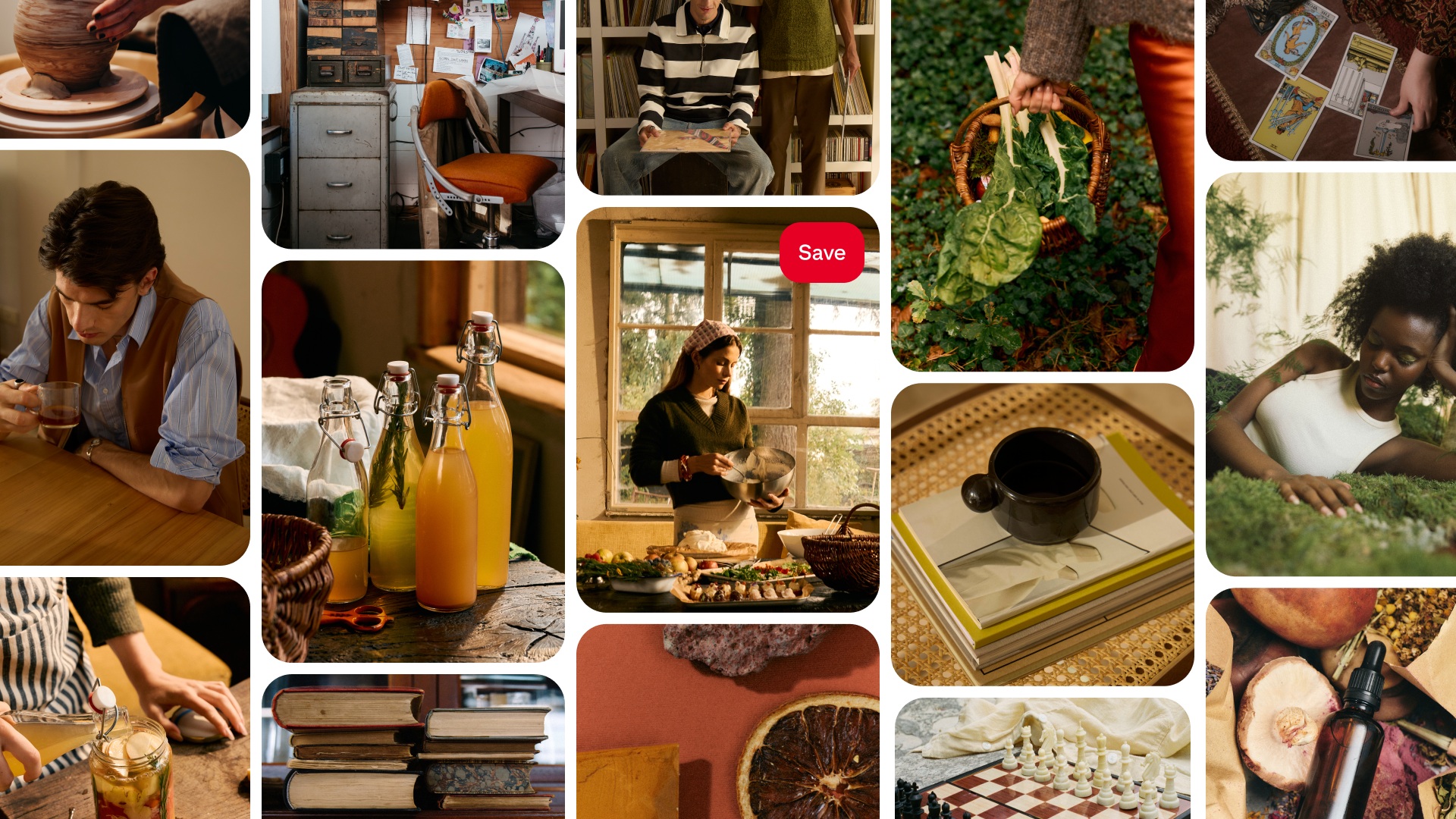 A Pinterest mood board collage featuring scenes of slow living: pottery making, home cooking, fermenting drinks, reading, gardening, and relaxing outdoors—capturing cozy, intentional everyday moments.