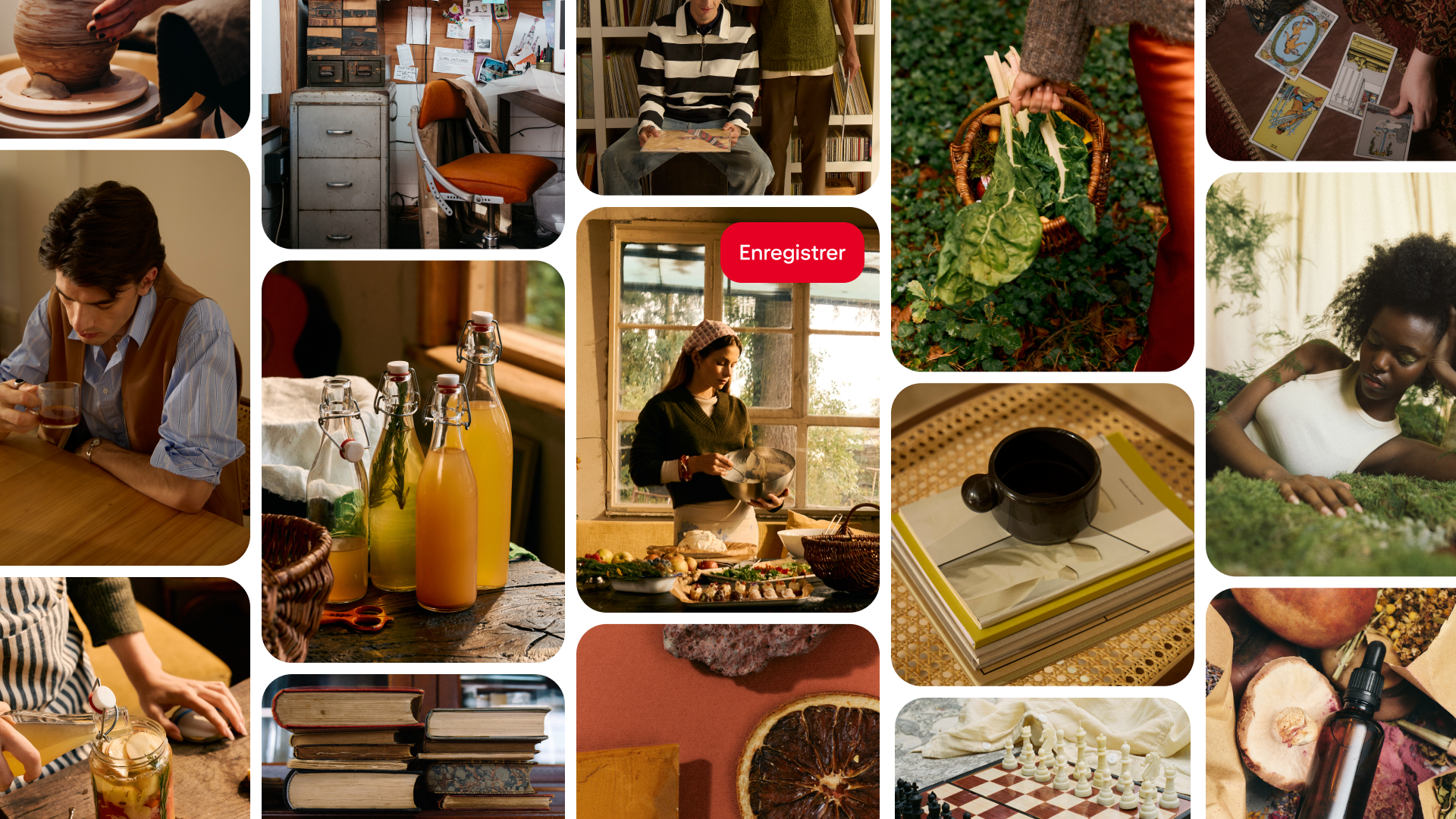 Un collage de tableau d’inspiration Pinterest sur la vie au ralenti : poterie, cuisine maison, fermentation de boissons, lecture, jardinage et détente en plein air, évoquant des moments du quotidien douillets et intentionnels.