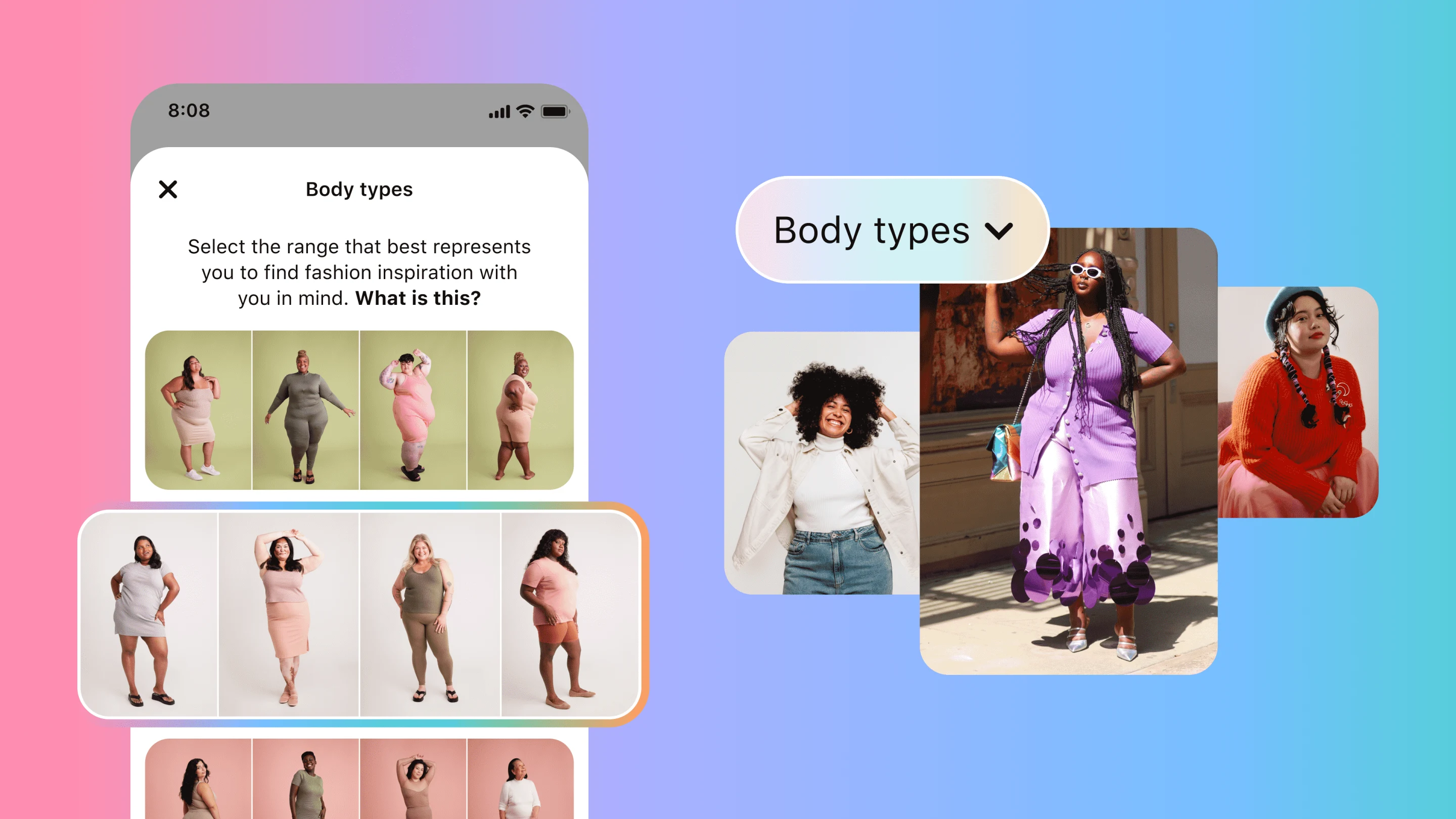 Pinterest's new body type ranges selection is show on a phone screen over a vibrant background