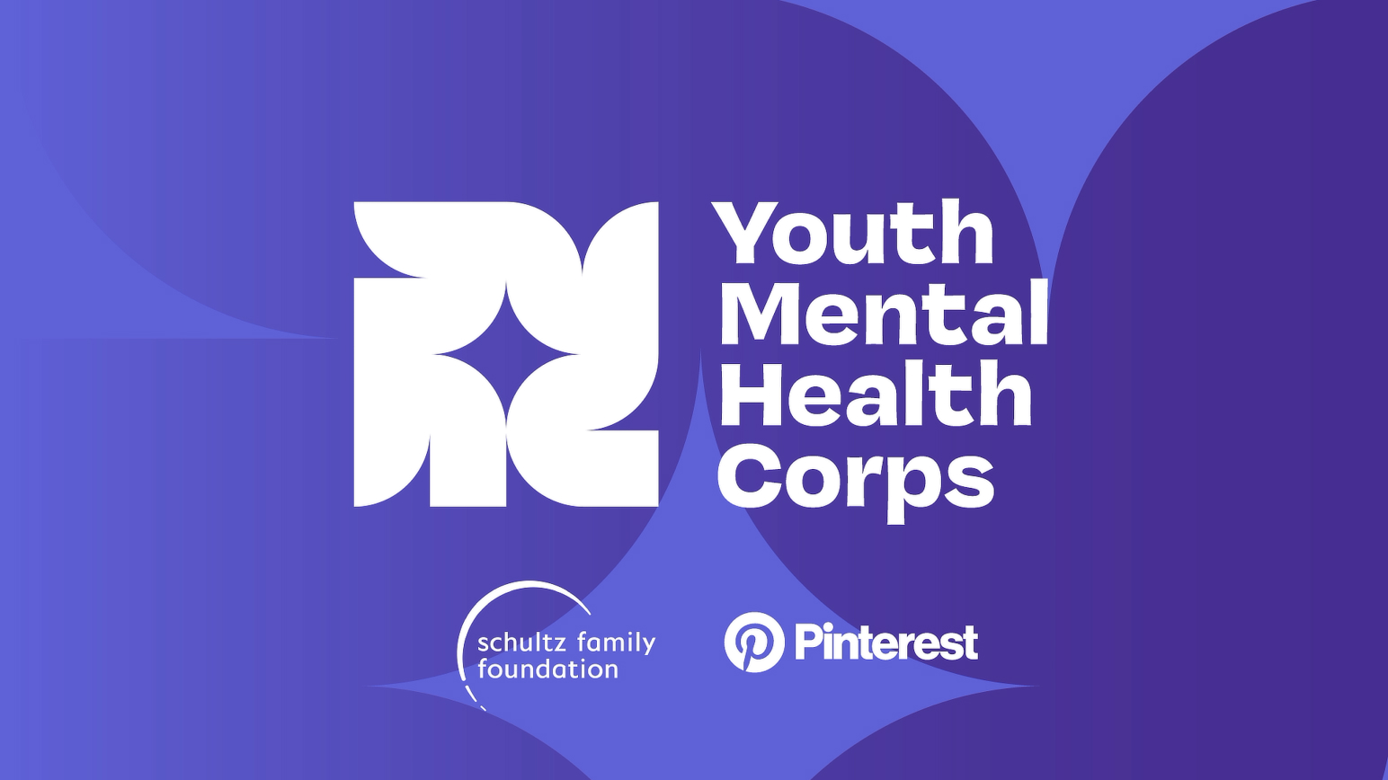 Purple graphic with white Youth Mental Health Corps logo on the left and the words “Youth Mental Health Corps” on the right, with Schultz Family Foundation and Pinterest logos along the bottom.