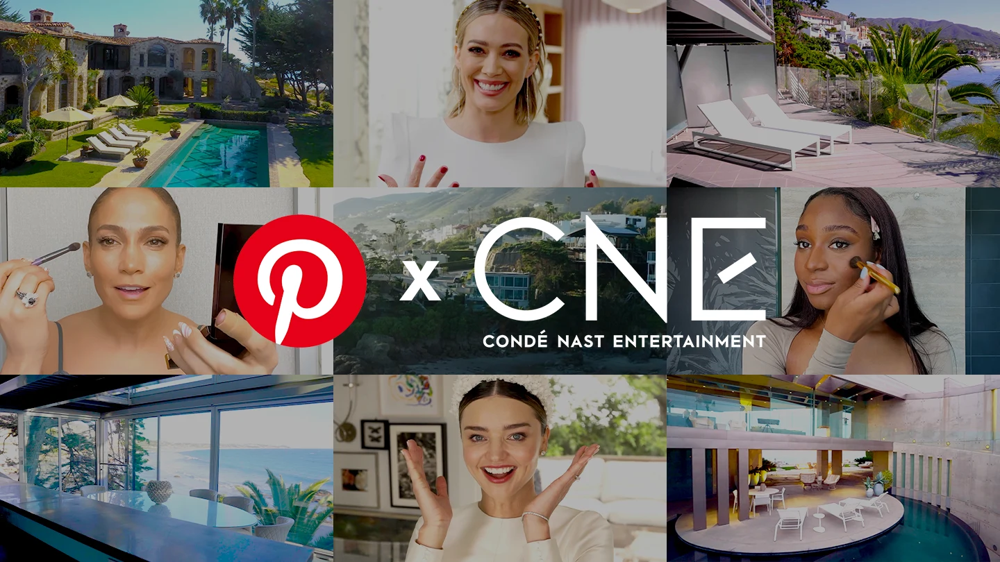 Os logotipos do Pinterest e da Condé Nast são exibidos sobre imagens de celebridades e casas de luxo