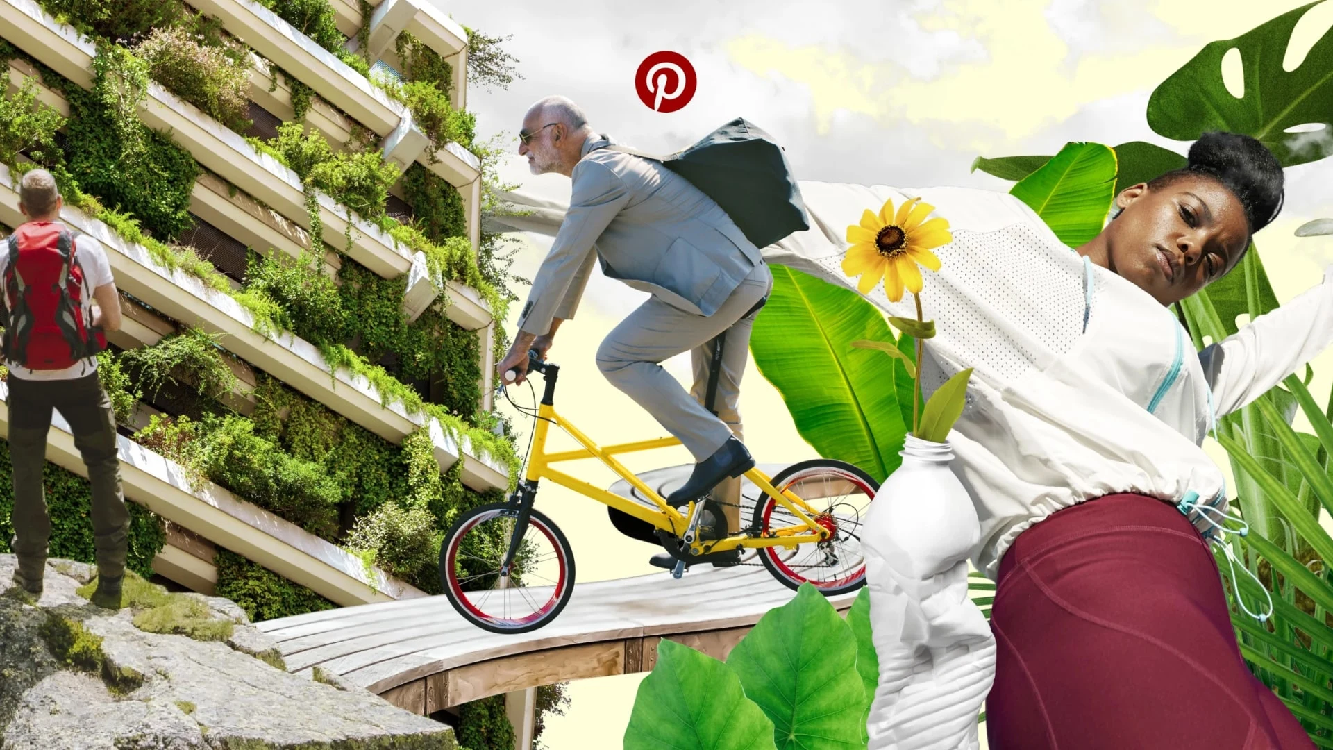  A collage of nature-inspired images, including a man on a bike and a building covered in plants