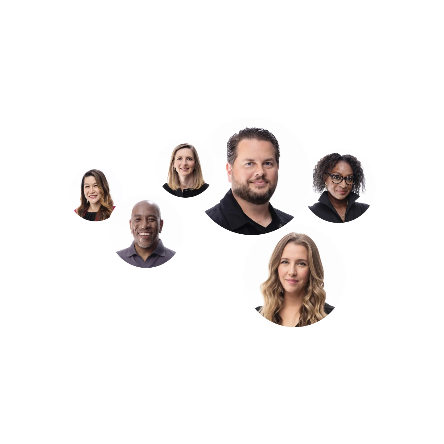 Headshots of Pinterest's executive team are arranged into bubbles on a white background.