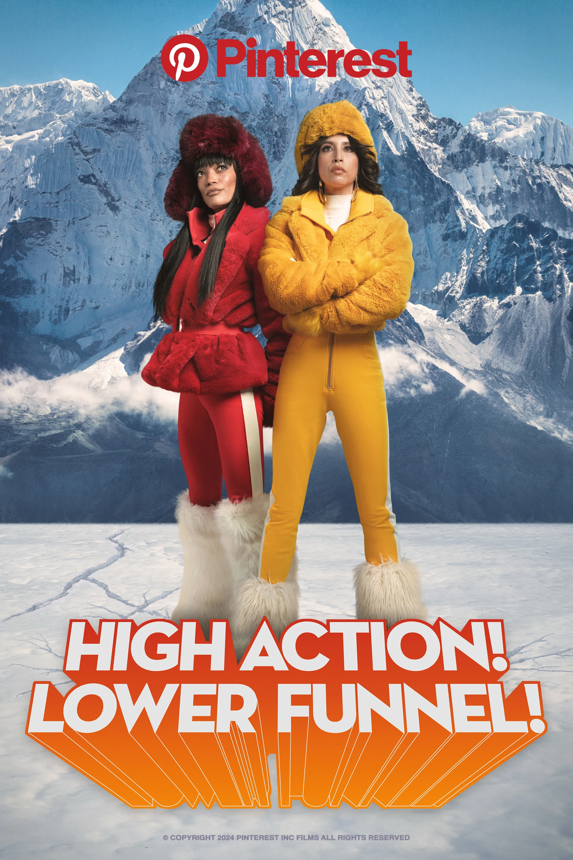A movie poster depicts two women in colorful jumpsuits in front of a snowy mountain. The phrase "High action! Lower funnel!" is displayed in bold font. 