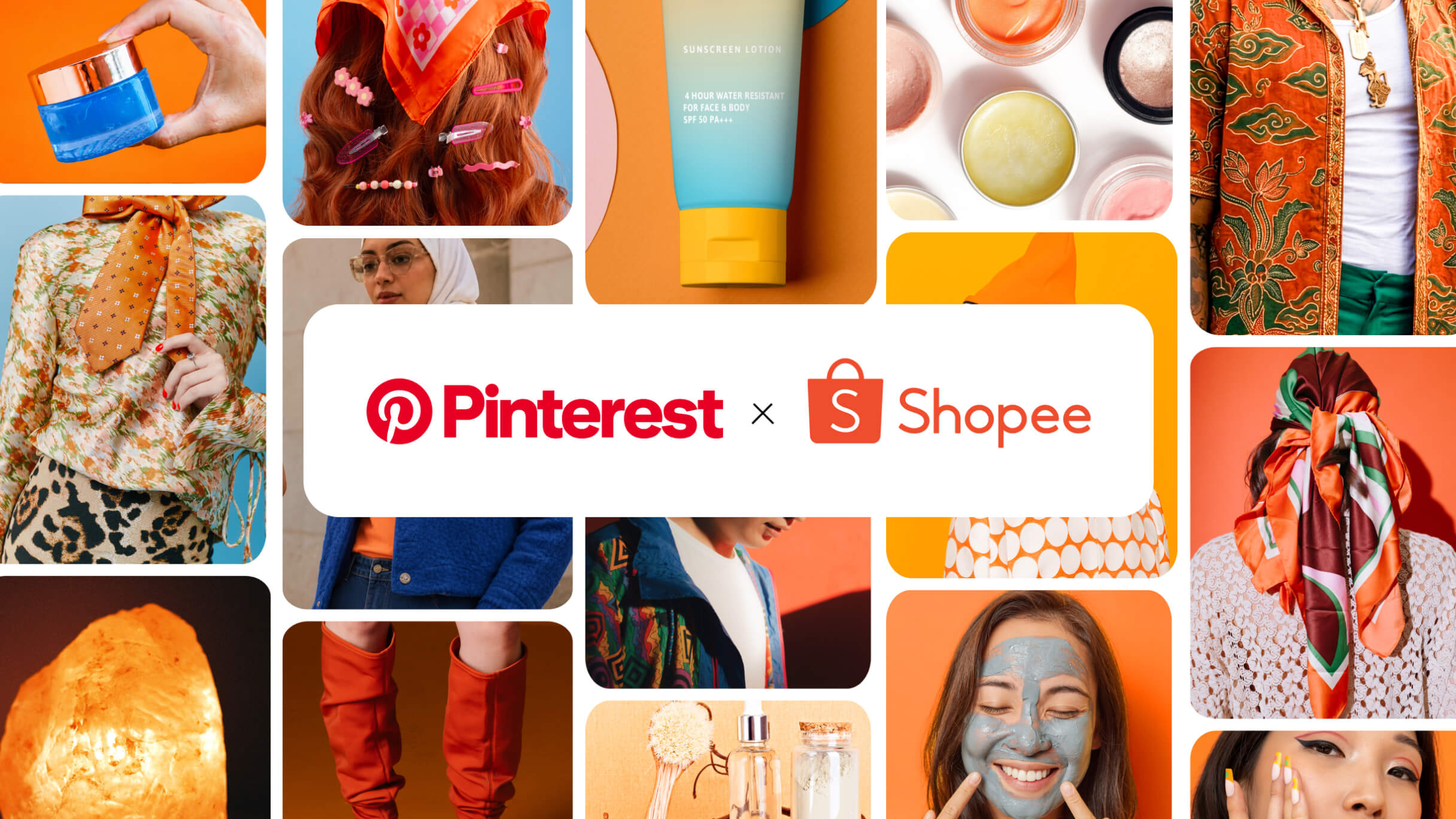 A collage of visuals showcasing fashion and beauty products. Logos of Pinterest and Shopee as partners