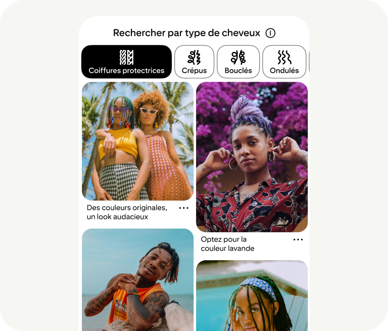 Un outil invite les utilisateurs à effectuer une recherche par type de cheveux et affiche des photos de personnes avec différents types de cheveux.