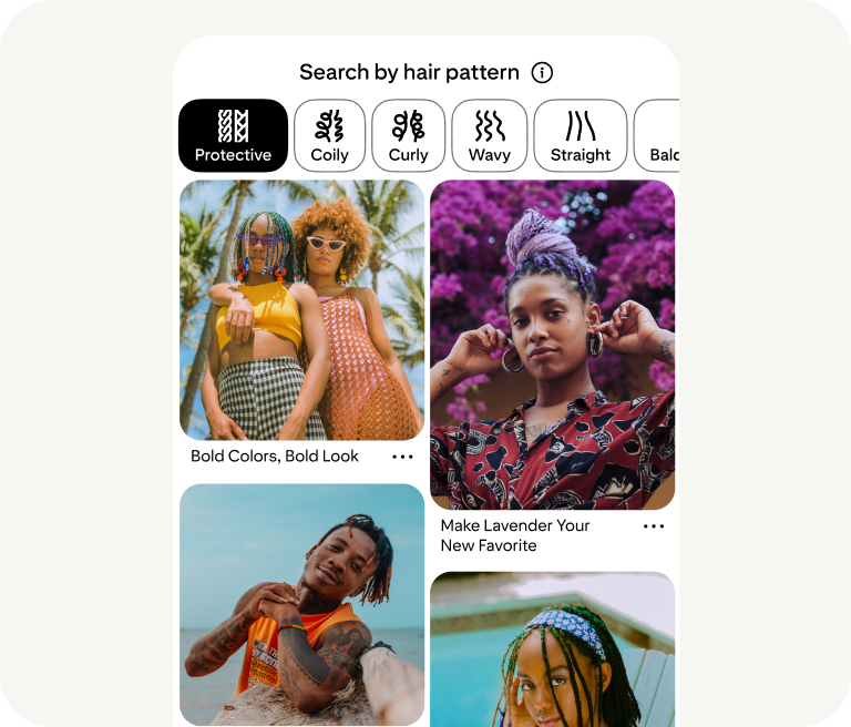 A tool prompts people to search by hair pattern and displays photos of people with different hair types.