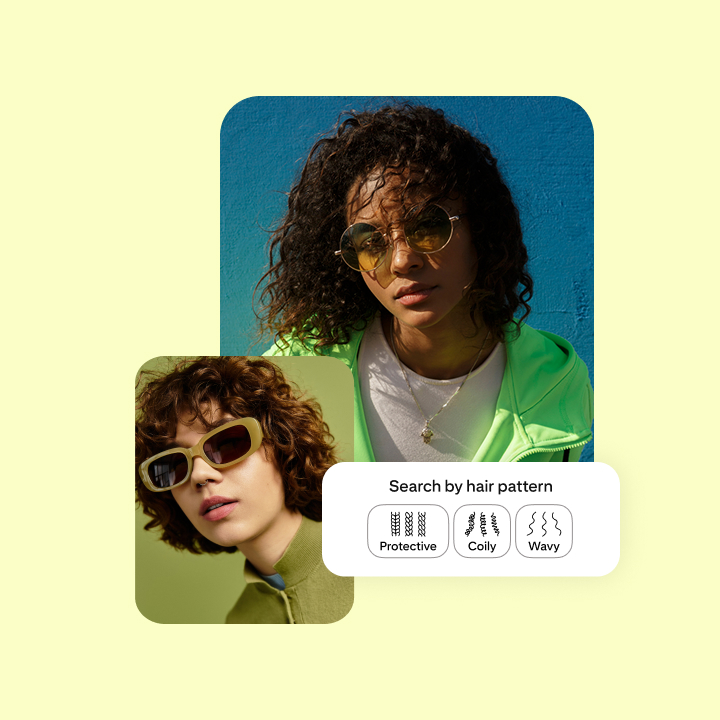 Two photos showing people with different curly hairstyles and an overlaid “Search by hair pattern” option with icons for protective and wavy hair.