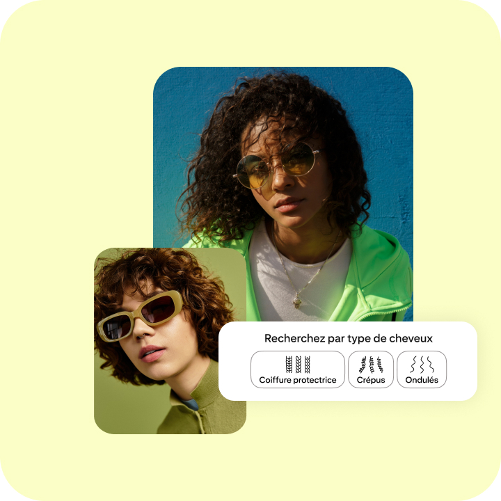 Deux photos montrant des personnes ayant différentes textures de cheveux bouclés, avec une option « Rechercher par type de cheveux » superposée et des icônes représentant des coiffures protectrices et des cheveux ondulés.