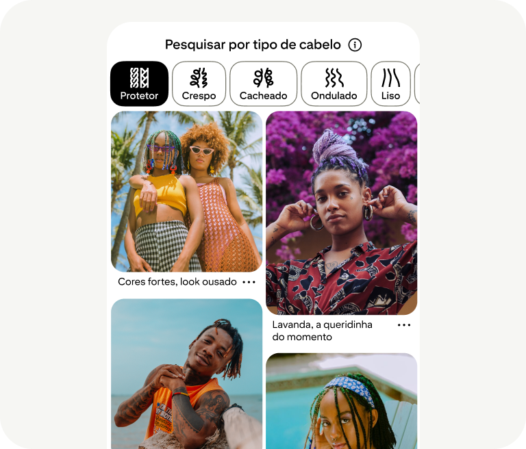 Uma ferramenta solicita que as pessoas pesquisem por tipo de cabelo e mostra fotos de pessoas com diferentes tipos de cabelo.