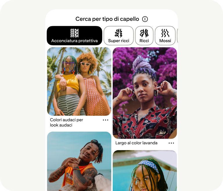 Uno strumento invita gli utenti a effettuare ricerche per tipo di capello e mostra foto di persone con diverse tipologie di capello.