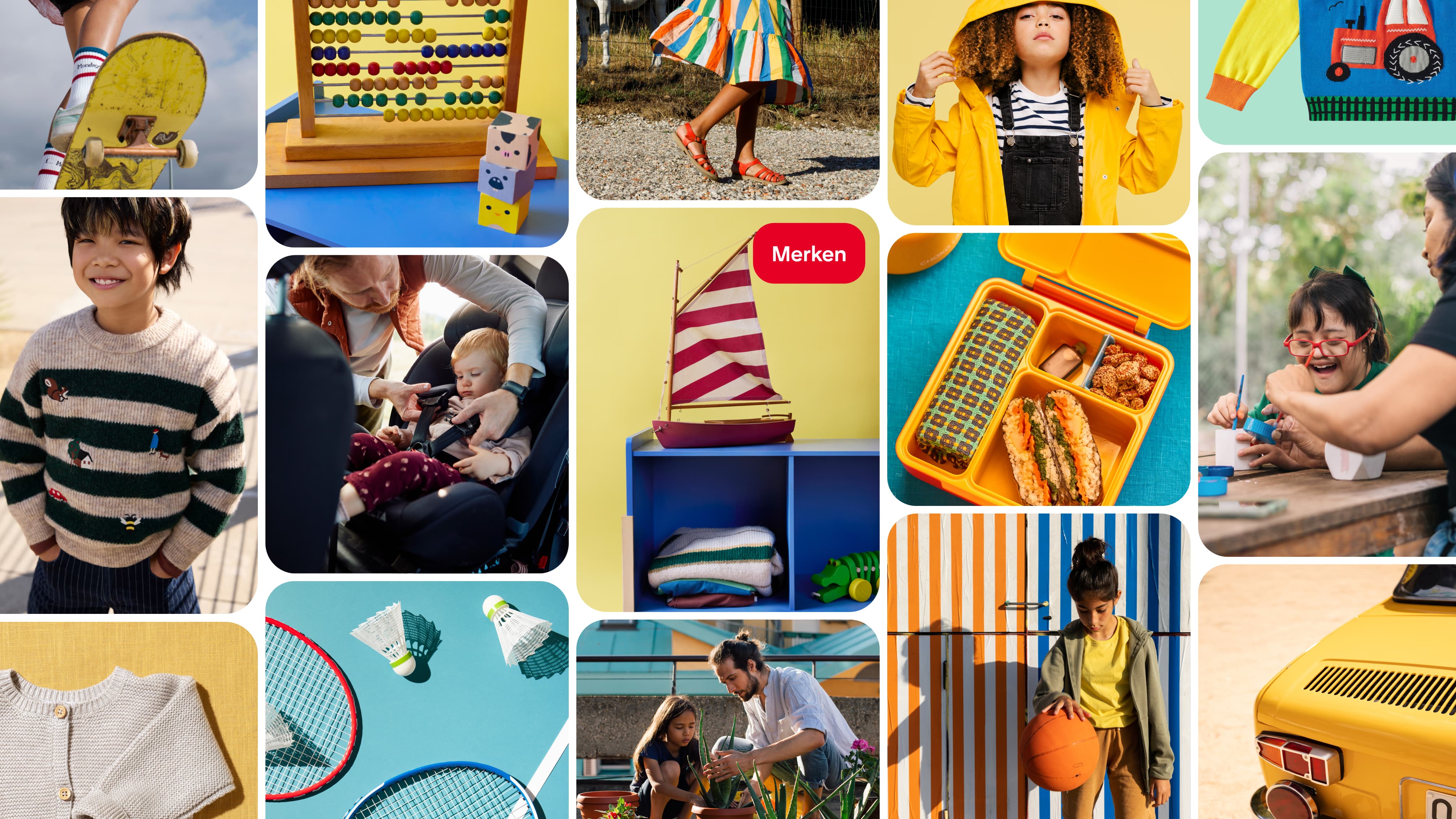 Objekte und Familienmomente: gelbes Skateboard, Abakus, gestreifter Rock, Kind in Regenjacke, Pullover, Brotdose, Segelboot, Autositz, Kind beim Basteln, Gartenarbeit, Basketball, Badmintonschläger, gelbes Auto