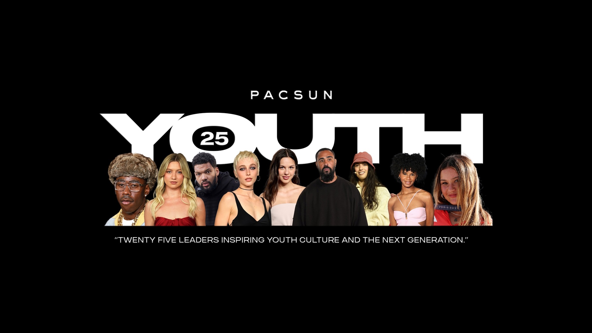 Promotional graphic for Pacsun Youth 25 featuring diverse young creators and cultural leaders alongside text celebrating 25 leaders inspiring youth culture and the next generation.