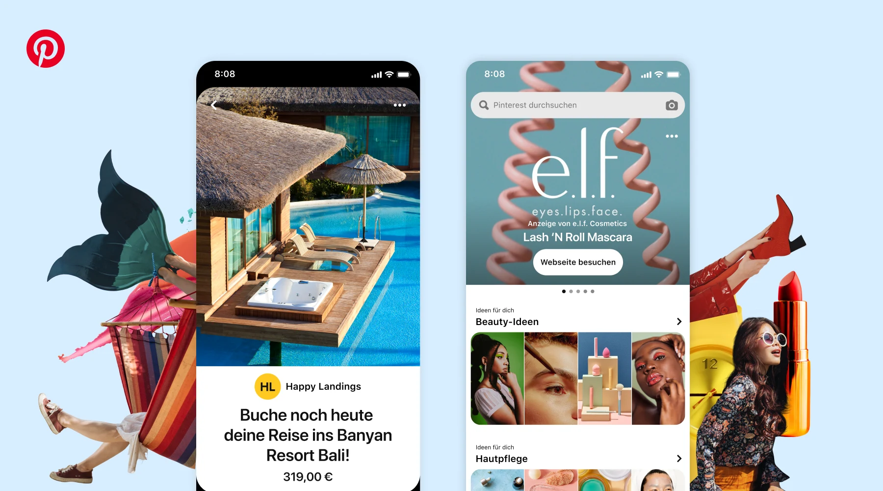 Screenshots von den Pinterest-Funktionen Premiere Spotlight und Reisekatalog vor einem blauen Hintergrund
