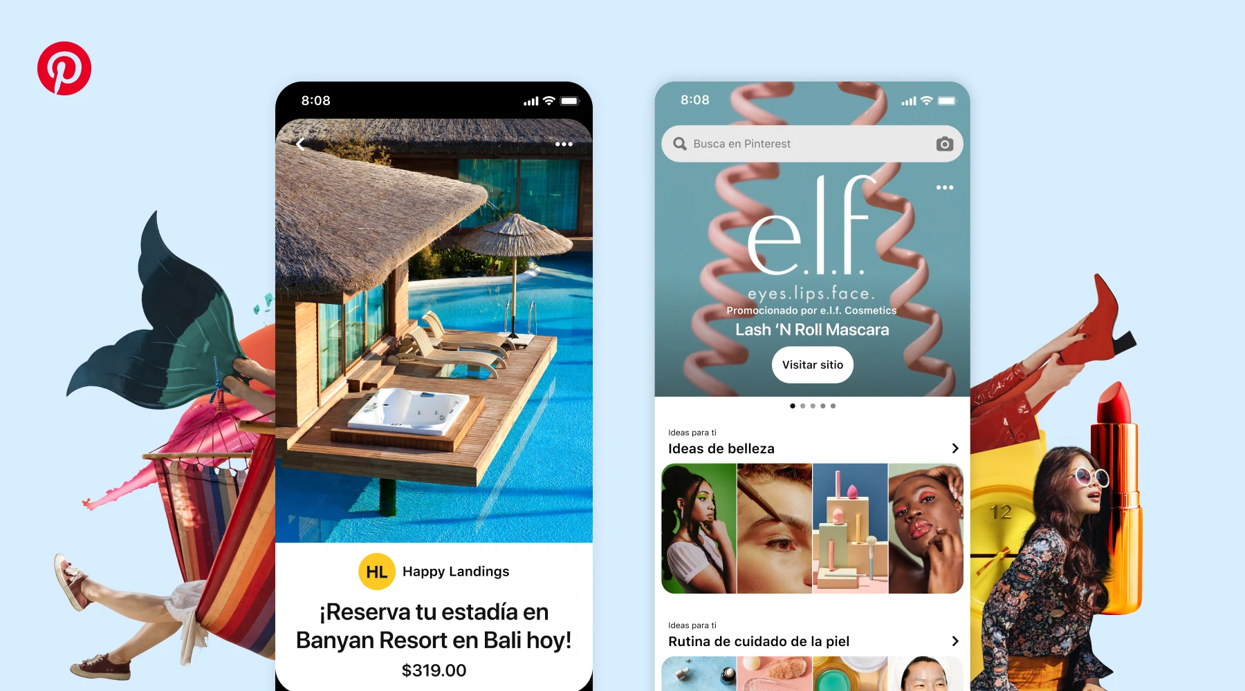  Screenshots of Pinterest's Premiere Spotlight and Travel Catalog features over a blue background