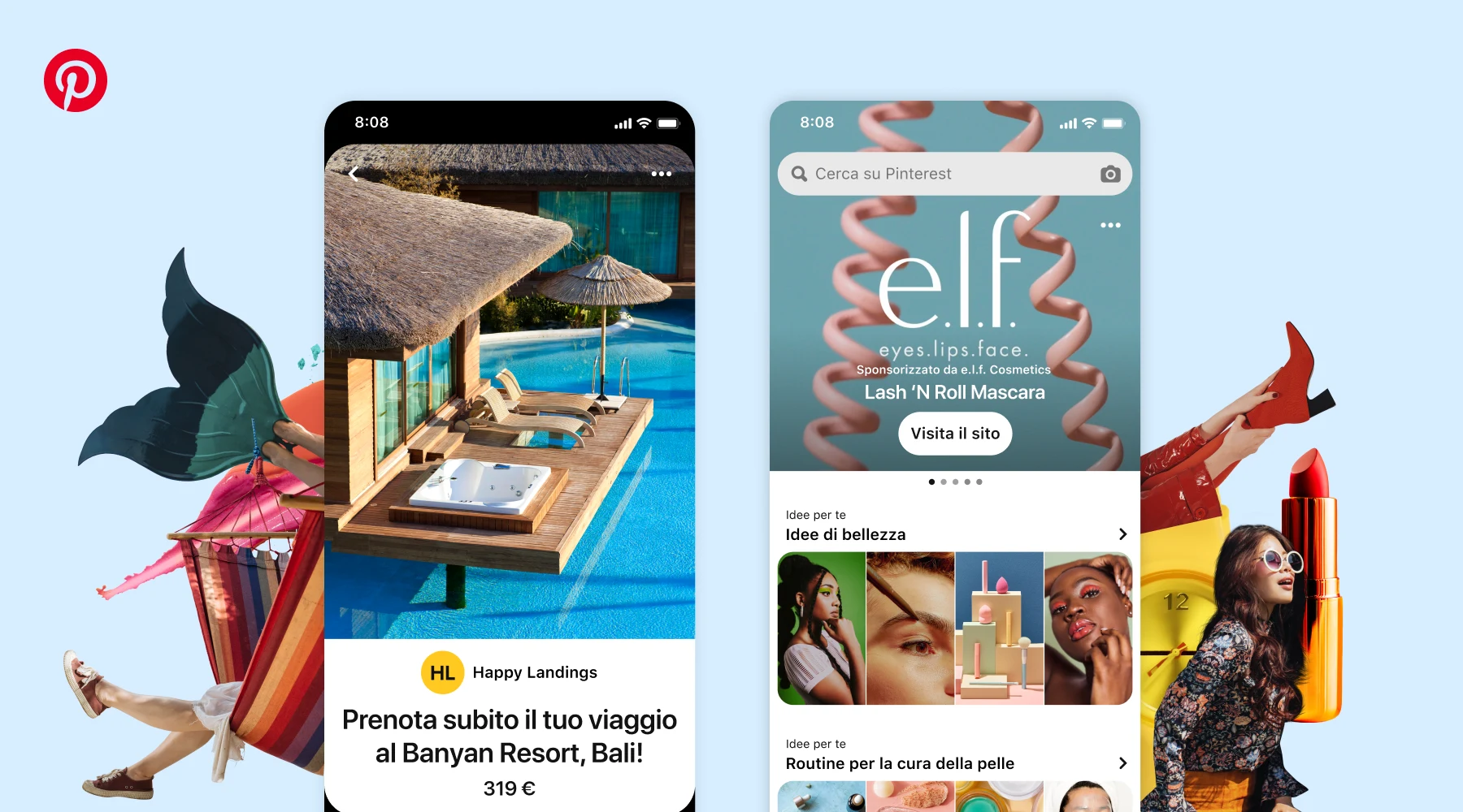  Screenshot delle funzionalità di Premiere Spotlight e Catalogo di viaggio di Pinterest su uno sfondo blu
