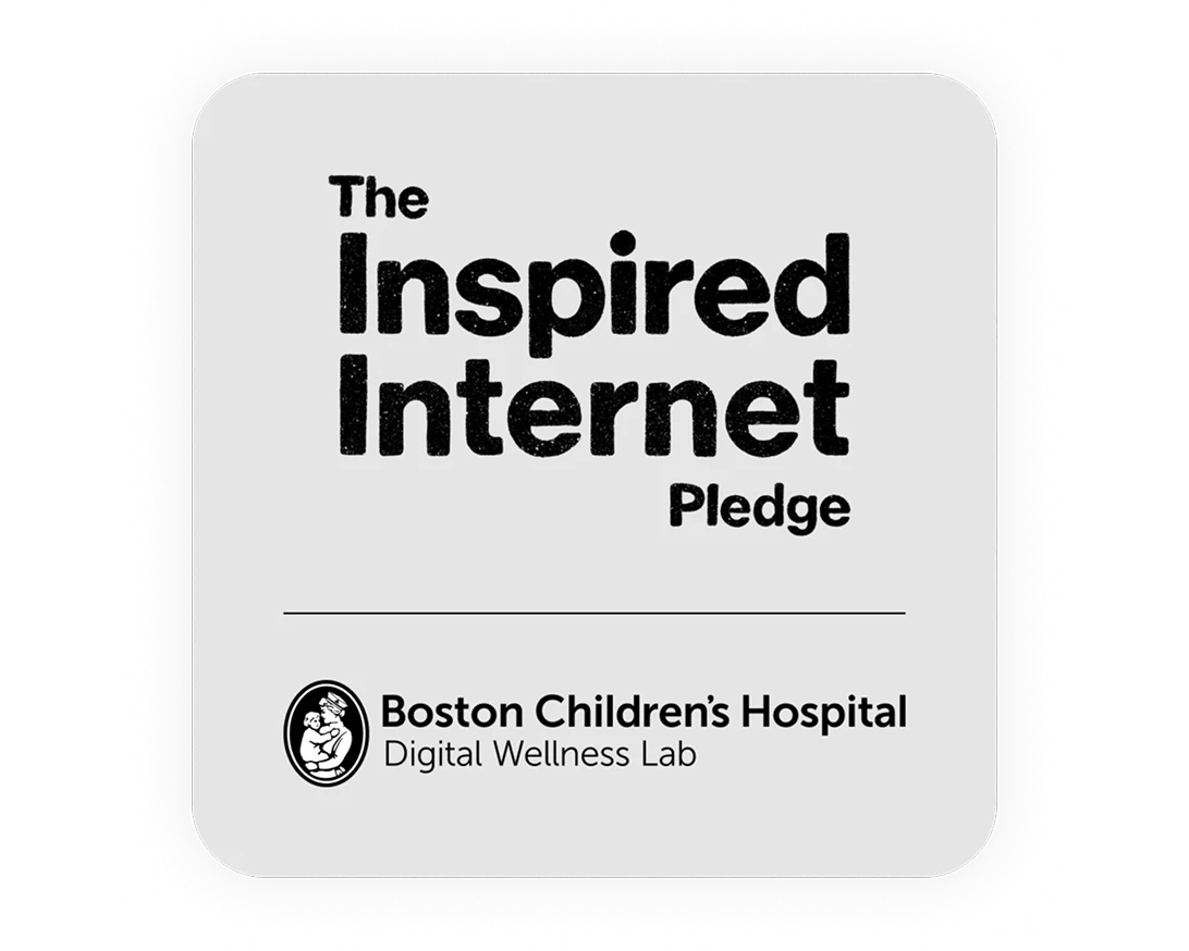The words “The Inspired Internet Pledge, Boston Children’s Hospital, Digital Wellness Lab” are written in black text on a grey square.