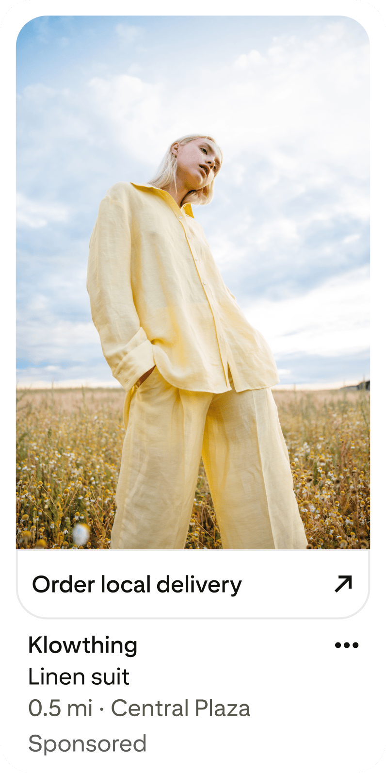 Static image showing an on-app local inventory ad. The ad Image features a person in a linen outfit, and an icon stating “order local delivery”
